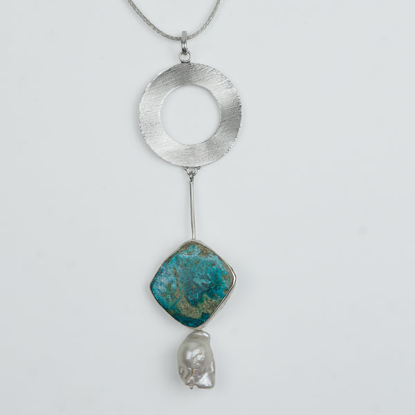 Chrysocolla & Baroque Pearl Dangle Pendant With Geometric Accent Chain Necklace