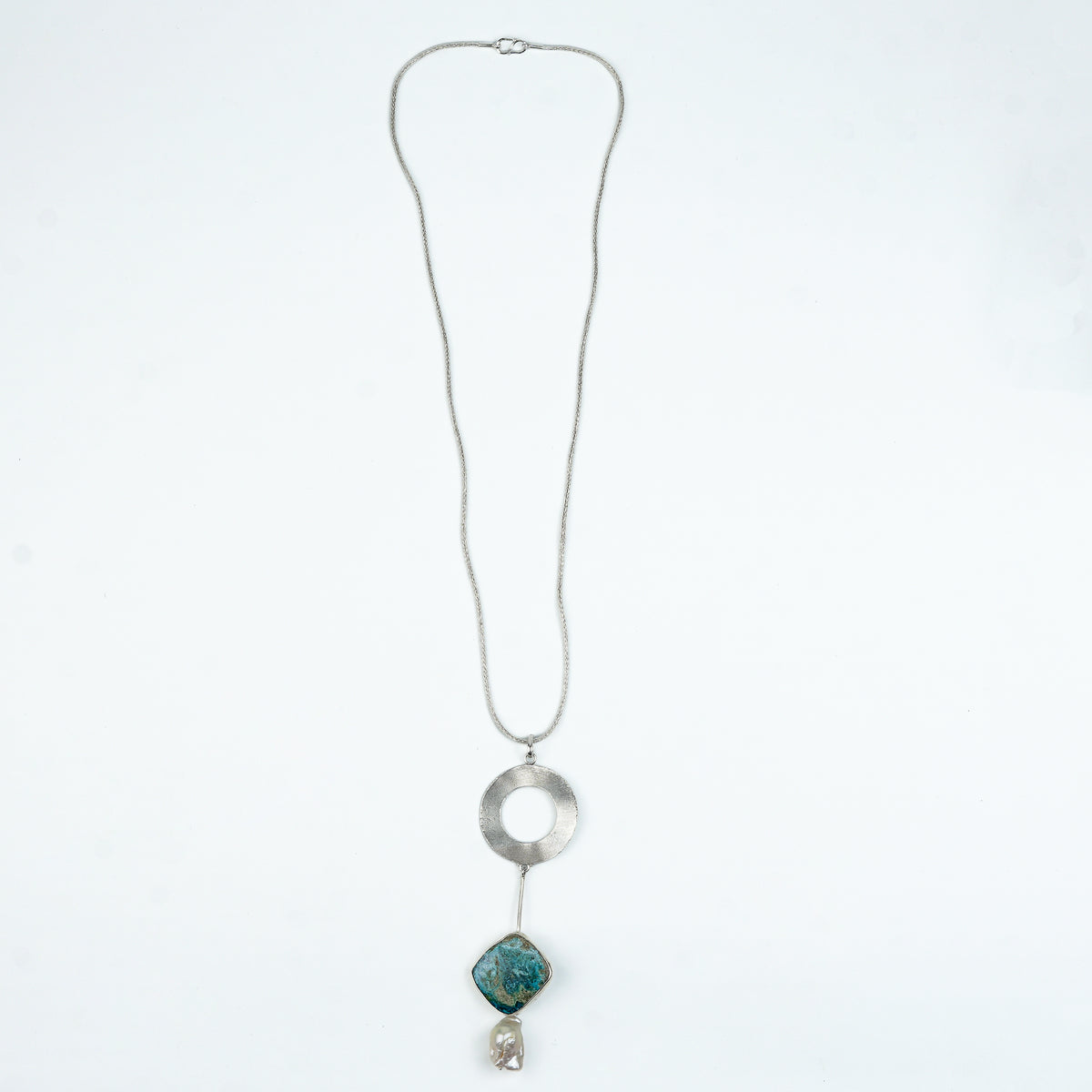Chrysocolla and Baroque Pearl Dangle Pendant With Geometric Accent Chain Necklace