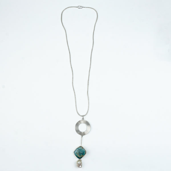 Chrysocolla & Baroque Pearl Dangle Pendant With Geometric Accent Chain Necklace