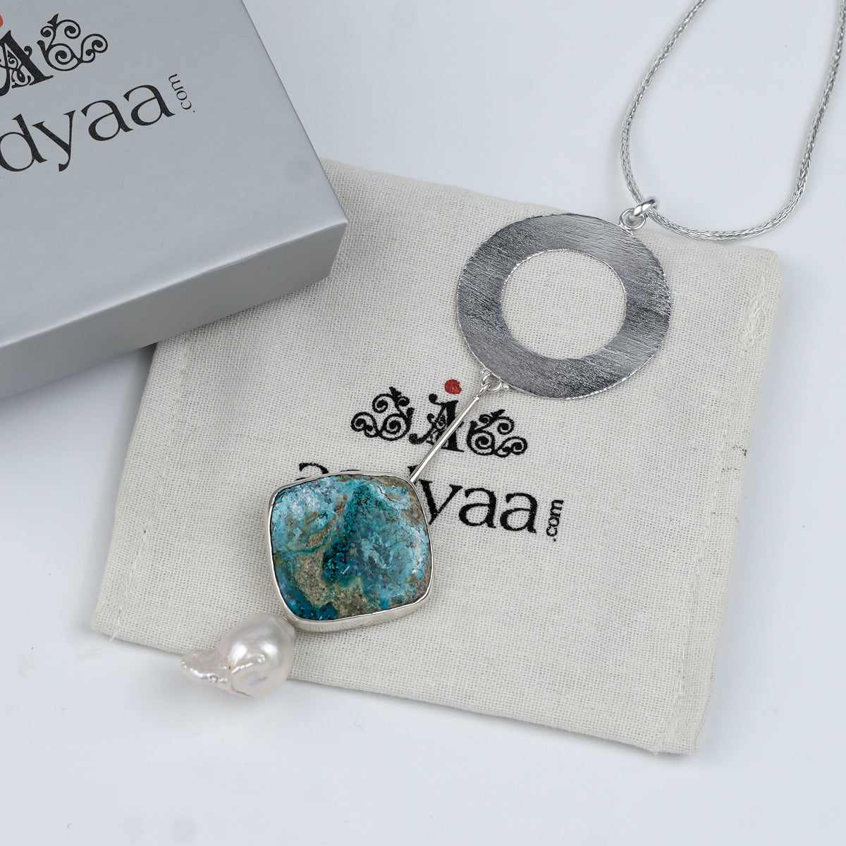 Chrysocolla and Baroque Pearl Dangle Pendant With Geometric Accent Chain Necklace