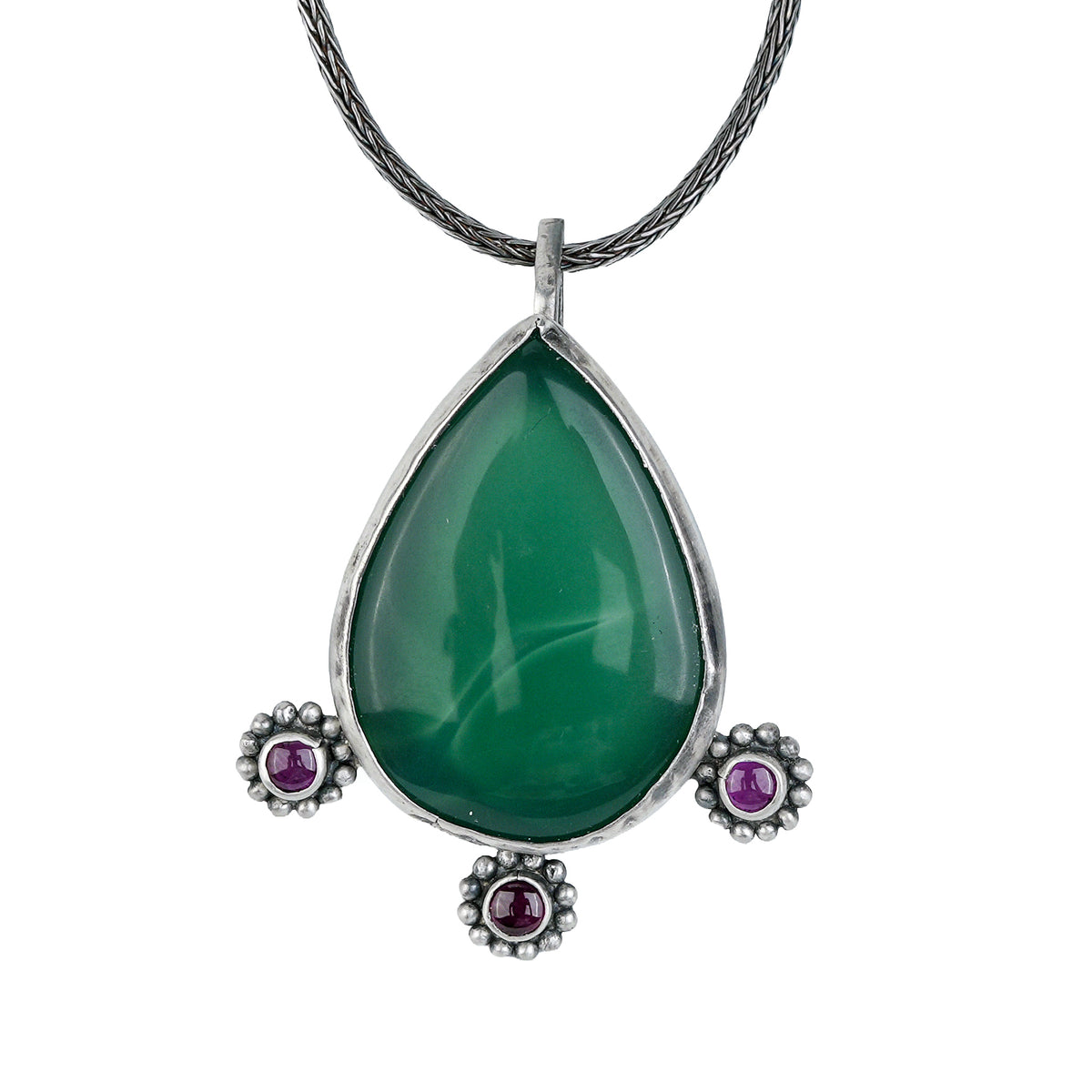 Silver Oxidised Green Onyx Drop Pendant With Pink Stones Chain Necklace