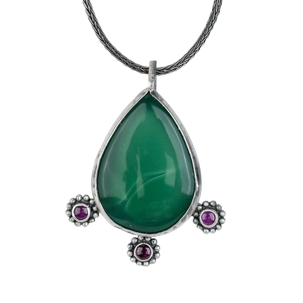 Silver Oxidized Pink Stone, Green Onyx Drop Pendant Chain Necklace