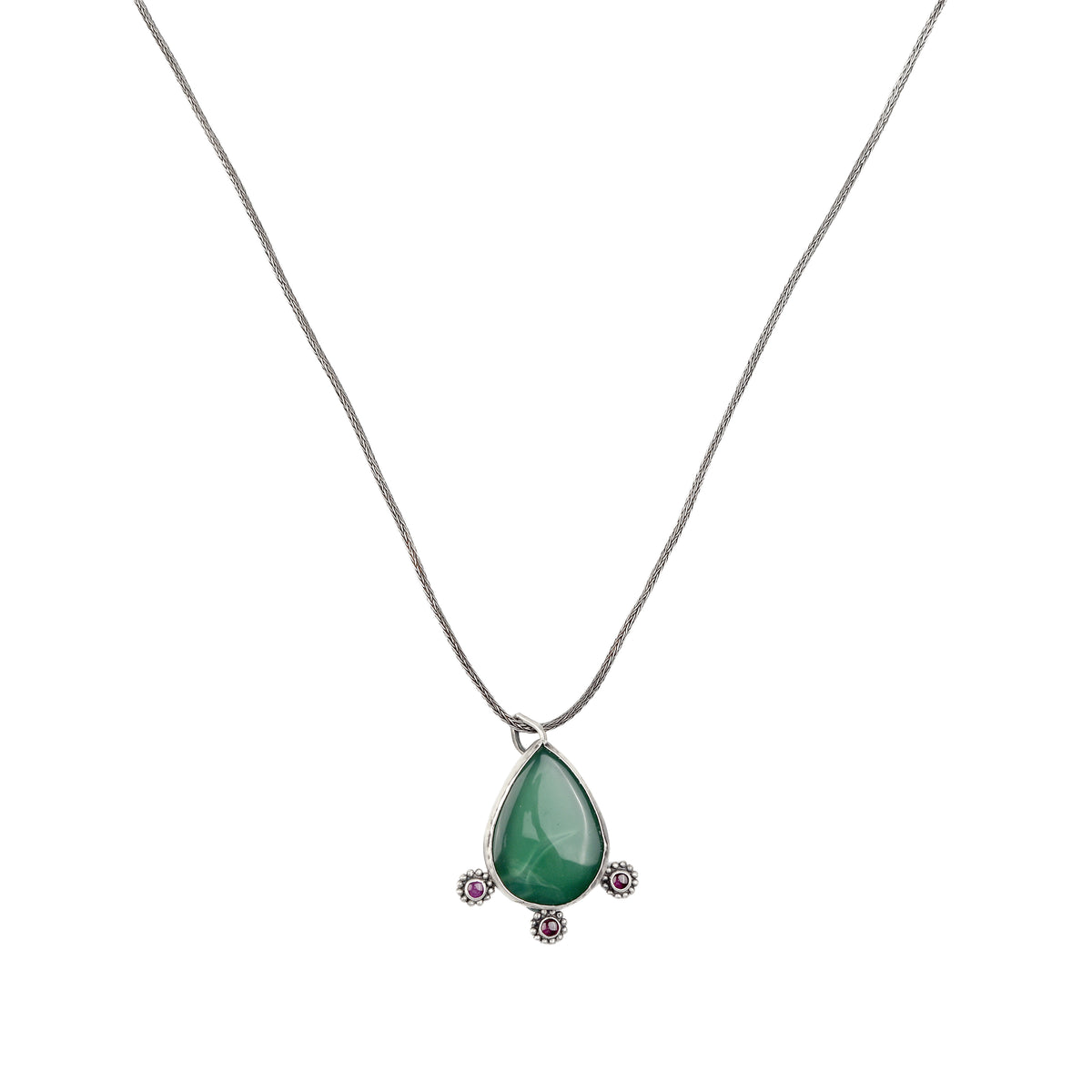 Silver Oxidised Green Onyx Drop Pendant With Pink Stones Chain Necklace