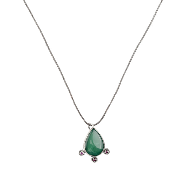 Silver Oxidized Pink Stone, Green Onyx Drop Pendant Chain Necklace