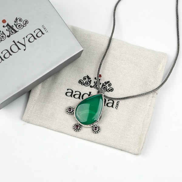 Silver Oxidized Pink Stone, Green Onyx Drop Pendant Chain Necklace