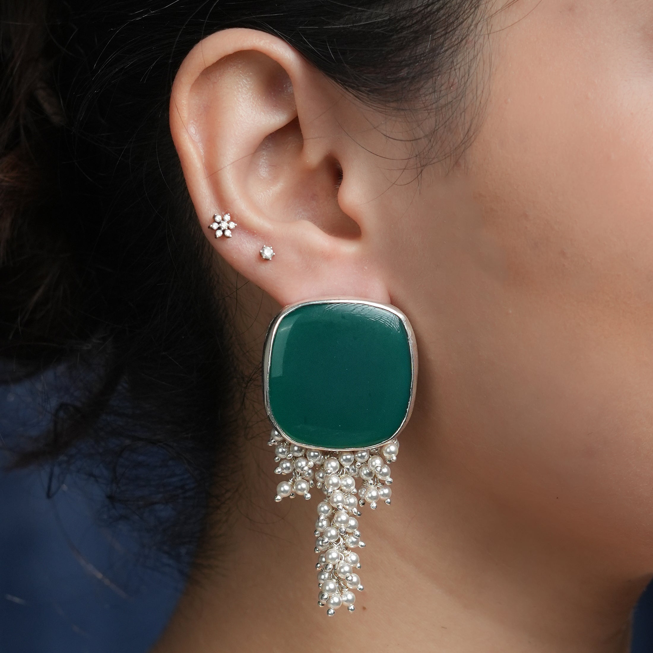 Luxe Earrings – Green Onyx & Pearl Bunch