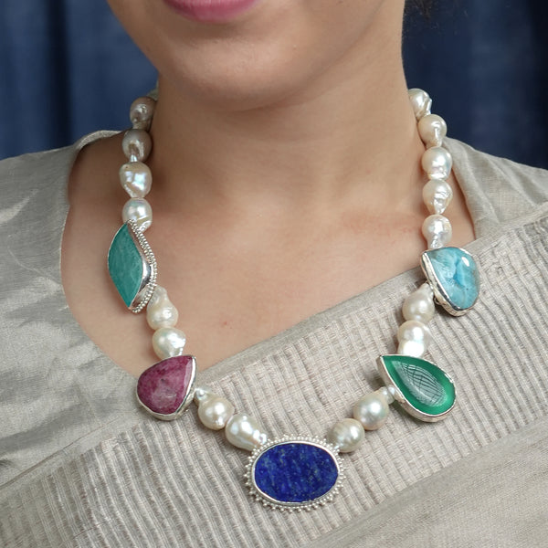 Luxe Necklace – Rhodonite, Larimar, Amazonite, Green Onyx, Lapis Lazuli & Baroque Pearls