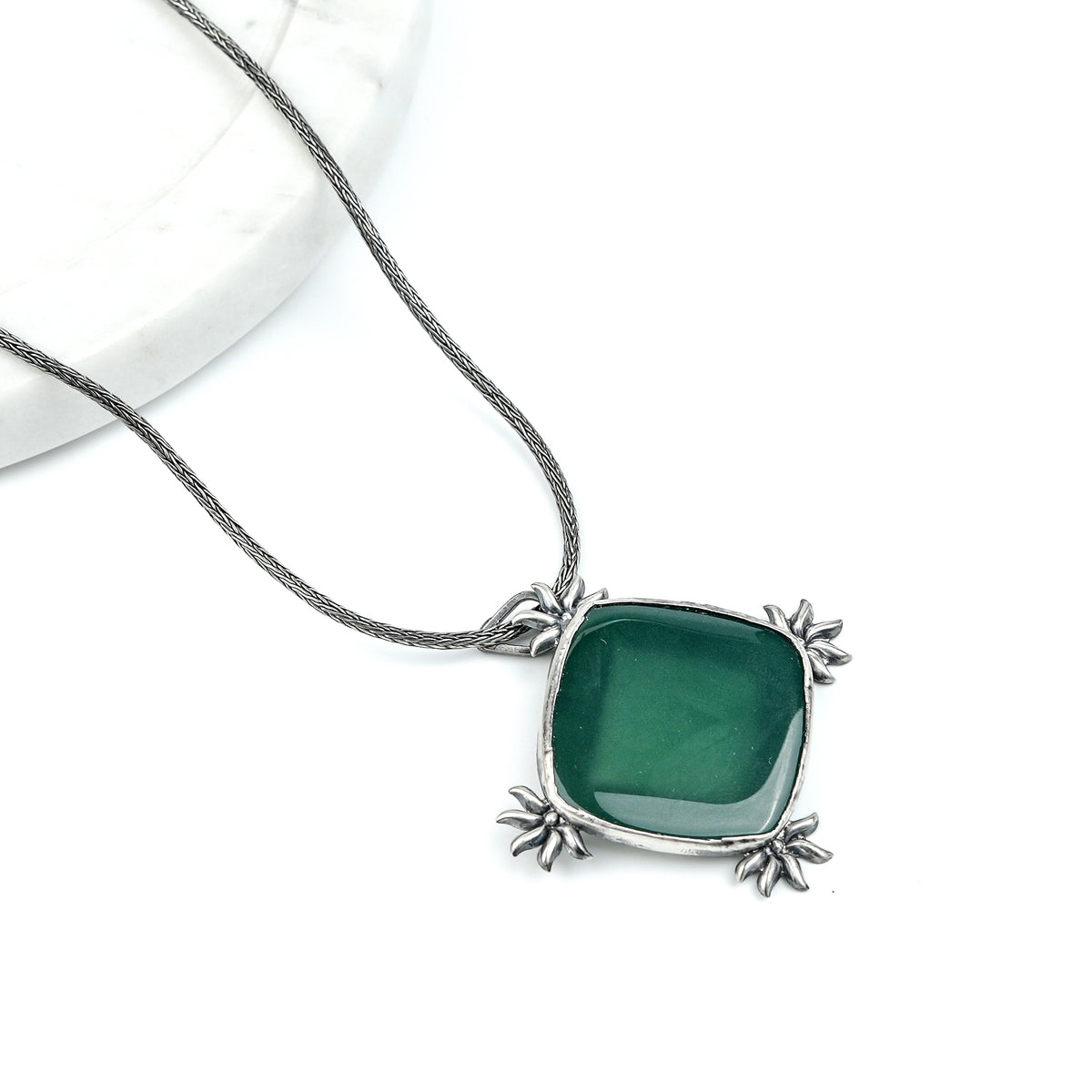 Silver Oxidised Green Onyx Pendant With Sun Motif Chain Necklace