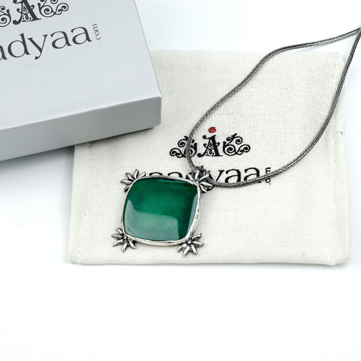 Silver Oxidised Green Onyx Pendant With Sun Motif Chain Necklace