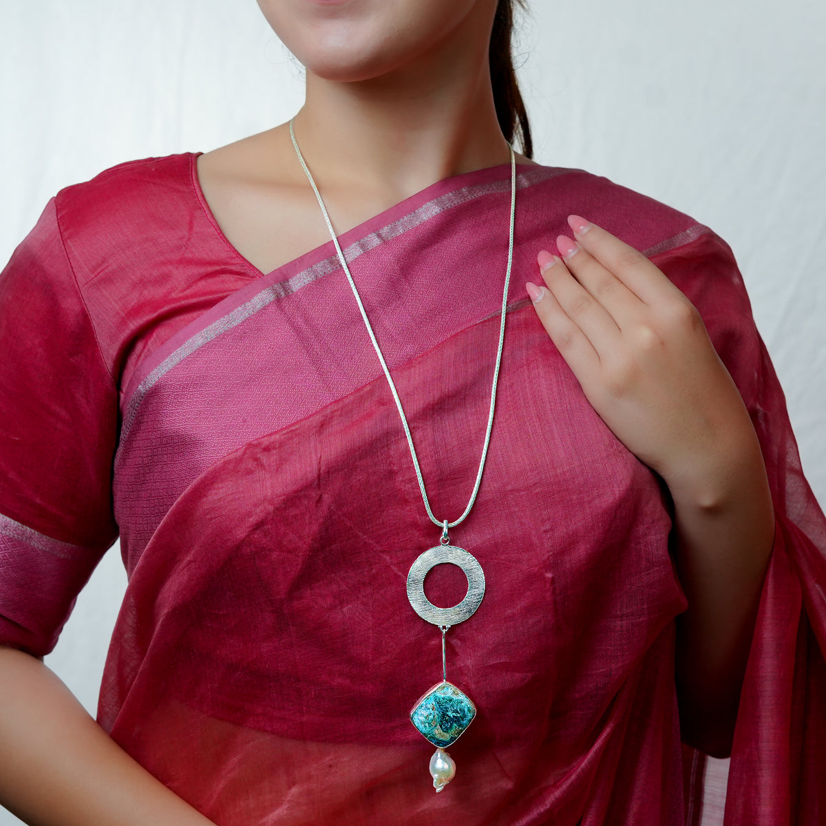 Chrysocolla and Baroque Pearl Dangle Pendant With Geometric Accent Chain Necklace