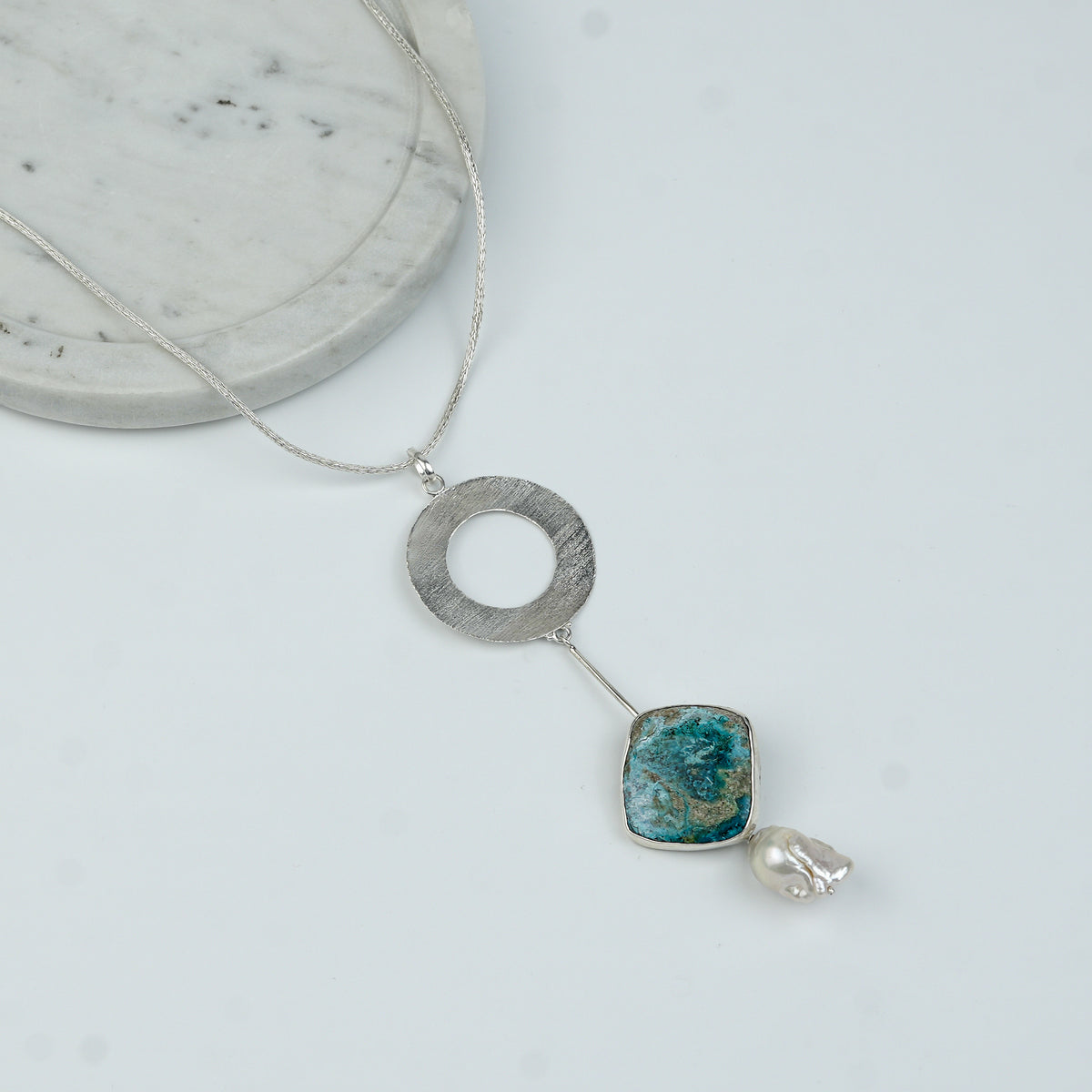 Chrysocolla and Baroque Pearl Dangle Pendant With Geometric Accent Chain Necklace