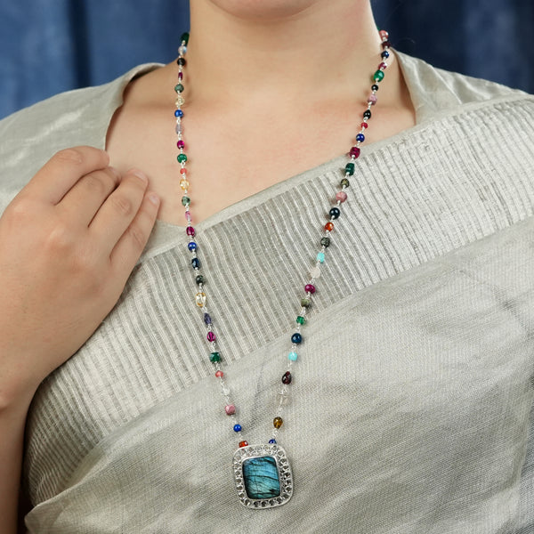 Luxe Necklace – Square Labradorite & Multicolour Stone Ganthan