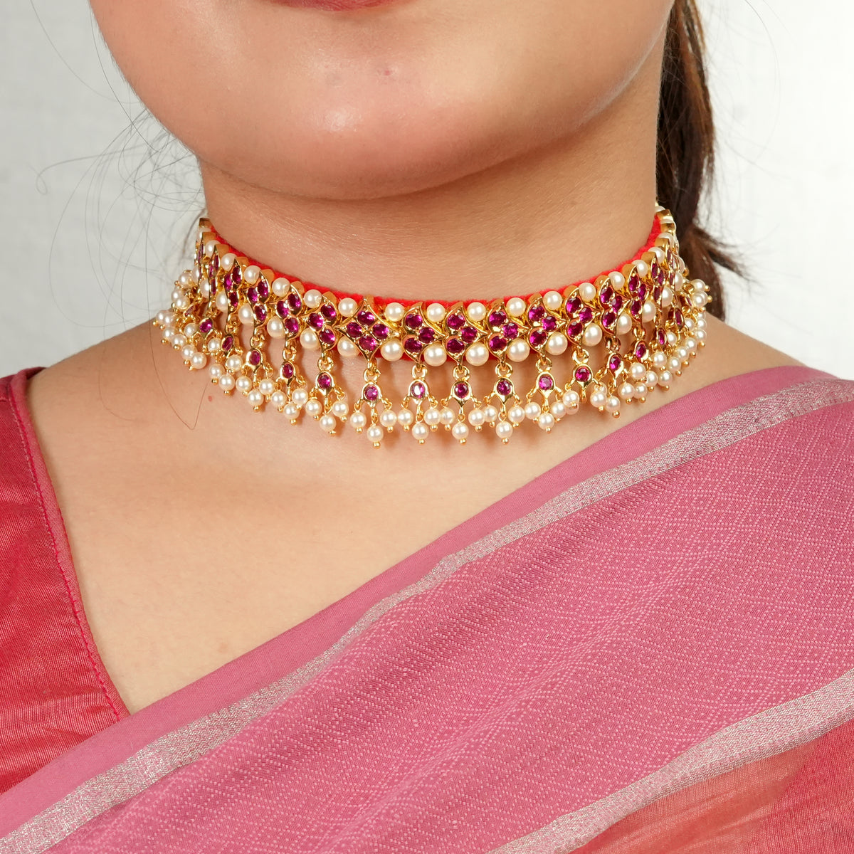 22K Gold Plated Fashion Pink Stone Chinchpeti