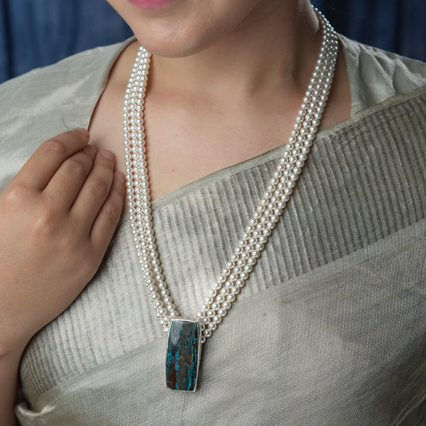 Luxe Necklace – Rectangle Chrysocolla & Pearls