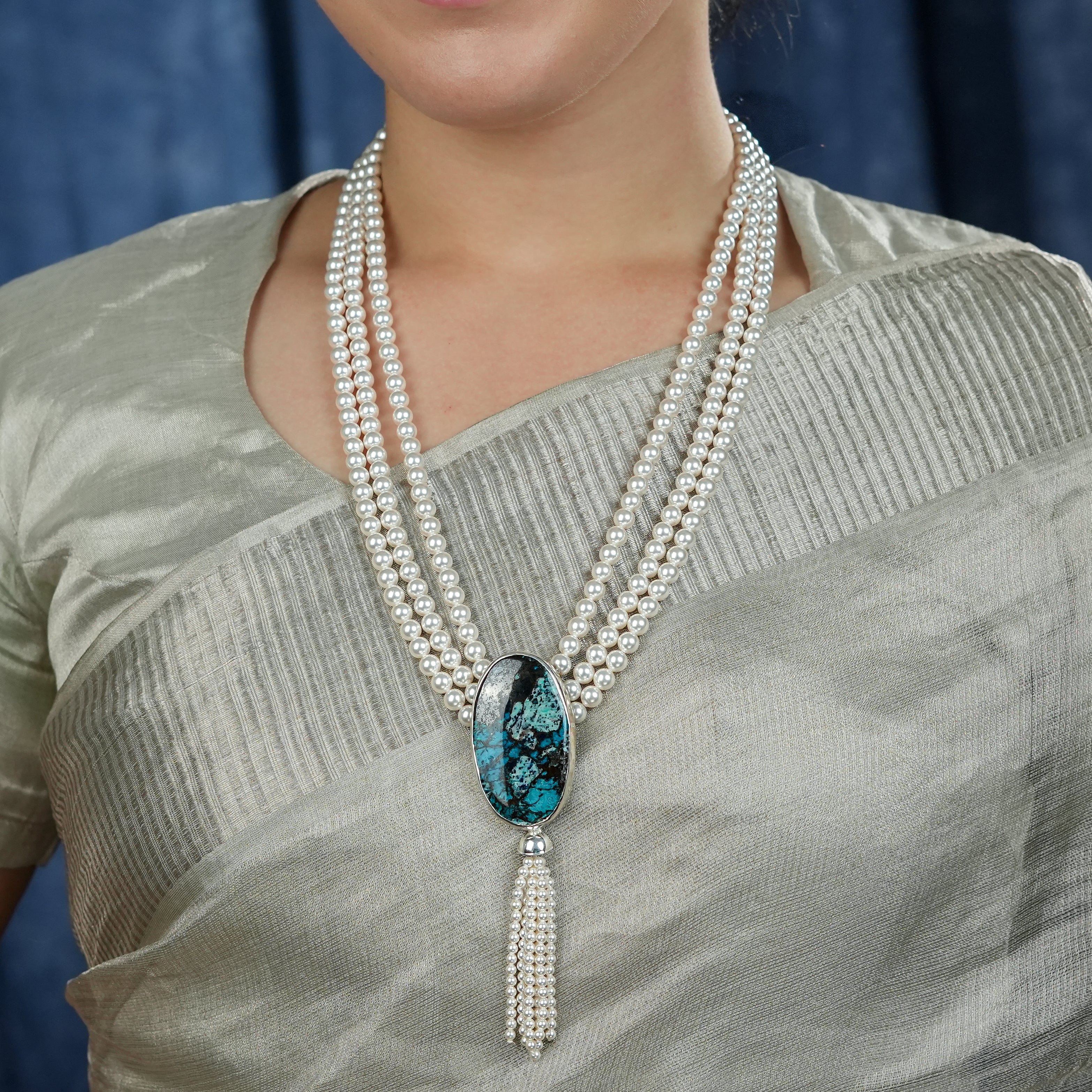 Luxe Necklace – Oval Chrysocolla & Pearls