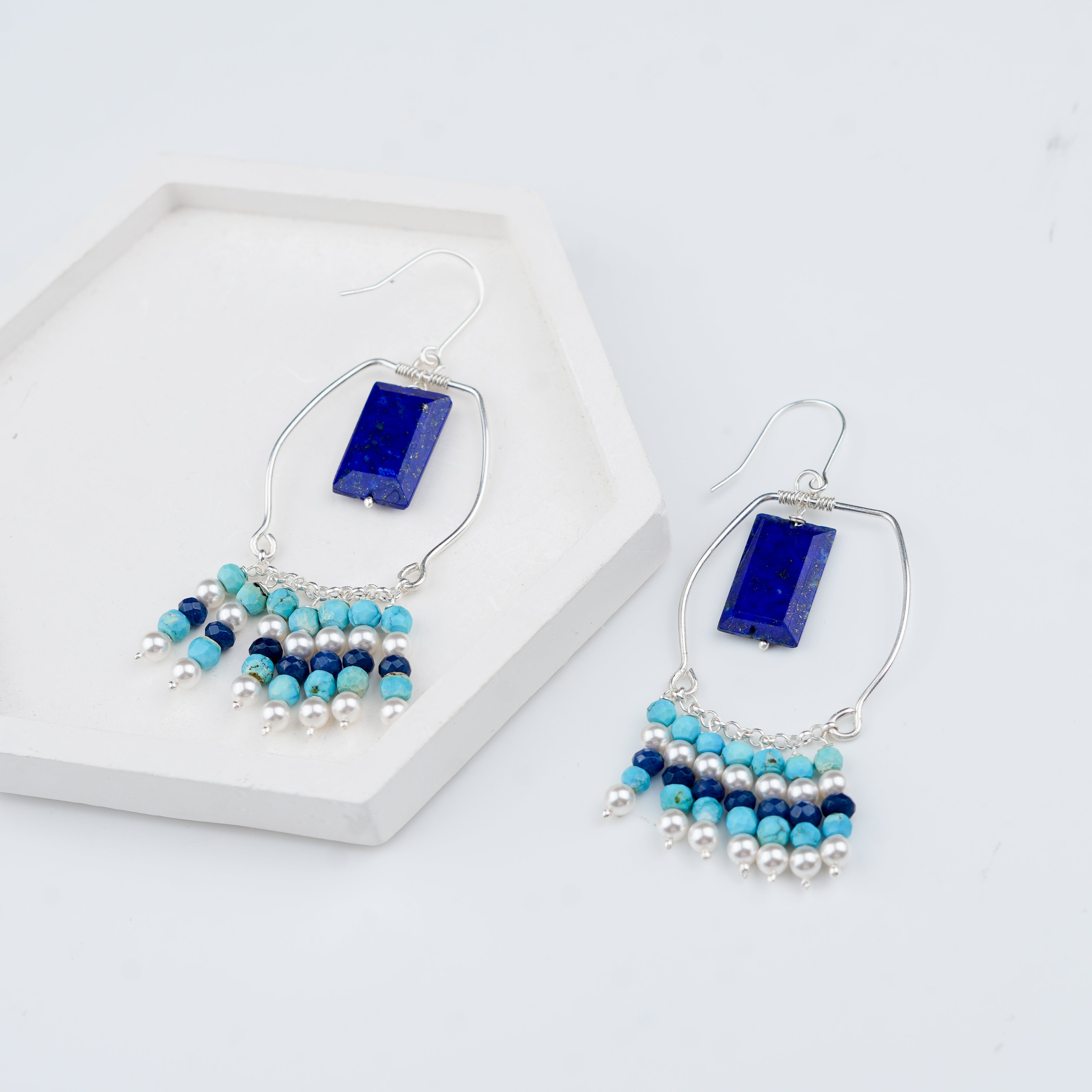 Lapis Lazuli, Turquoise & Pearl Earrings (Project Handmade)