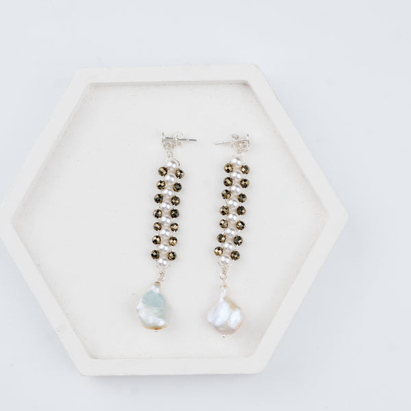 Pyrite & Pearl Silver Earrings (Project Handmade)