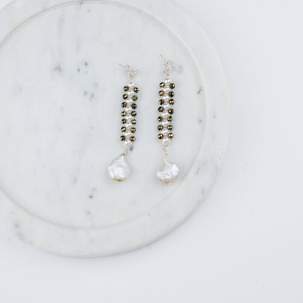 Pyrite & Pearl Silver Earrings (Project Handmade)