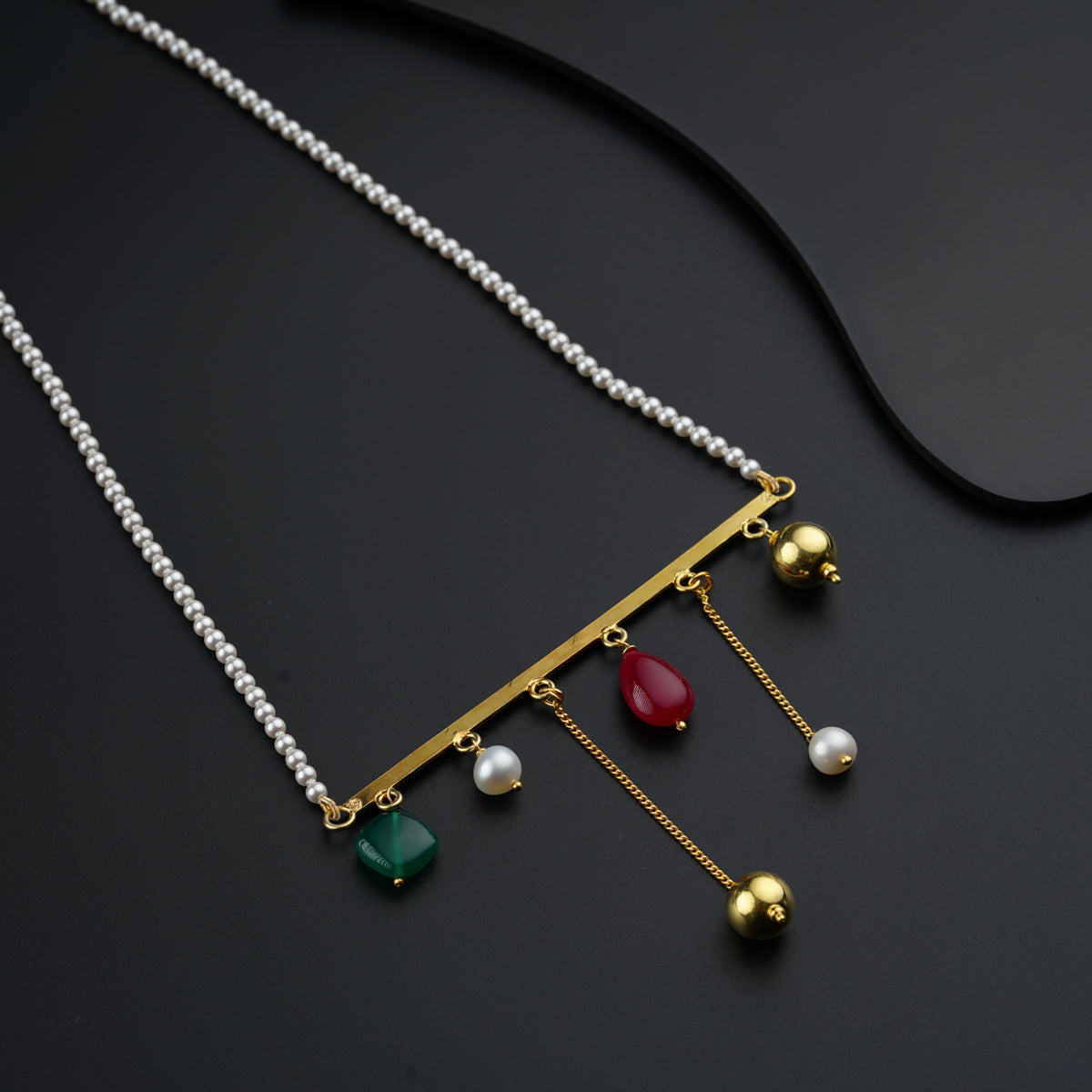 Abstract Ruby, Onyx and Pearls Necklace(Gold Plated)