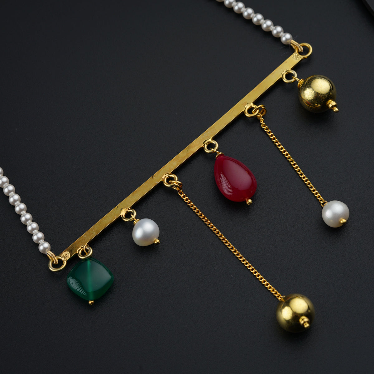 Abstract Ruby, Onyx and Pearls Necklace(Gold Plated)