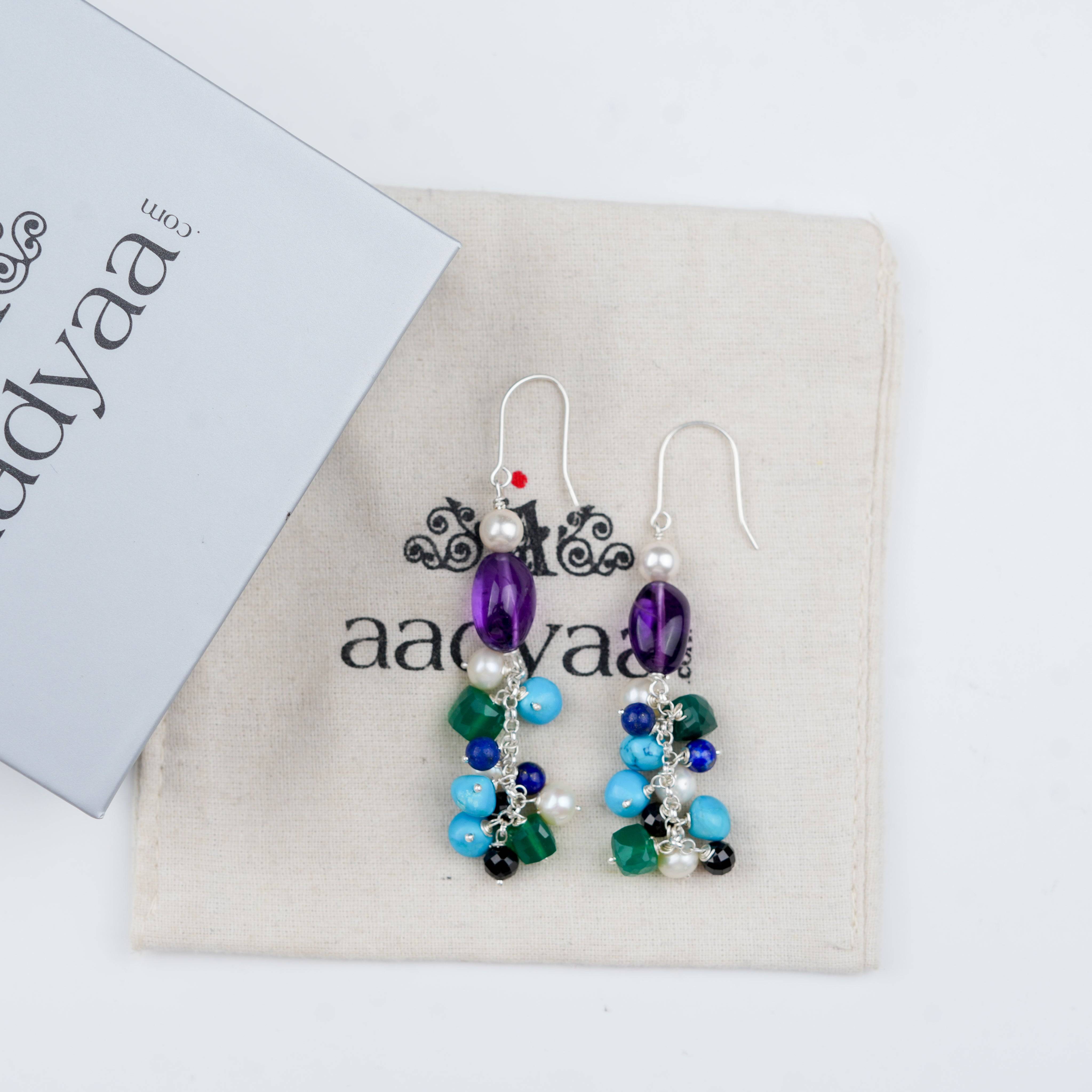 Sterling silver earrings with colourful stones and pearl accents