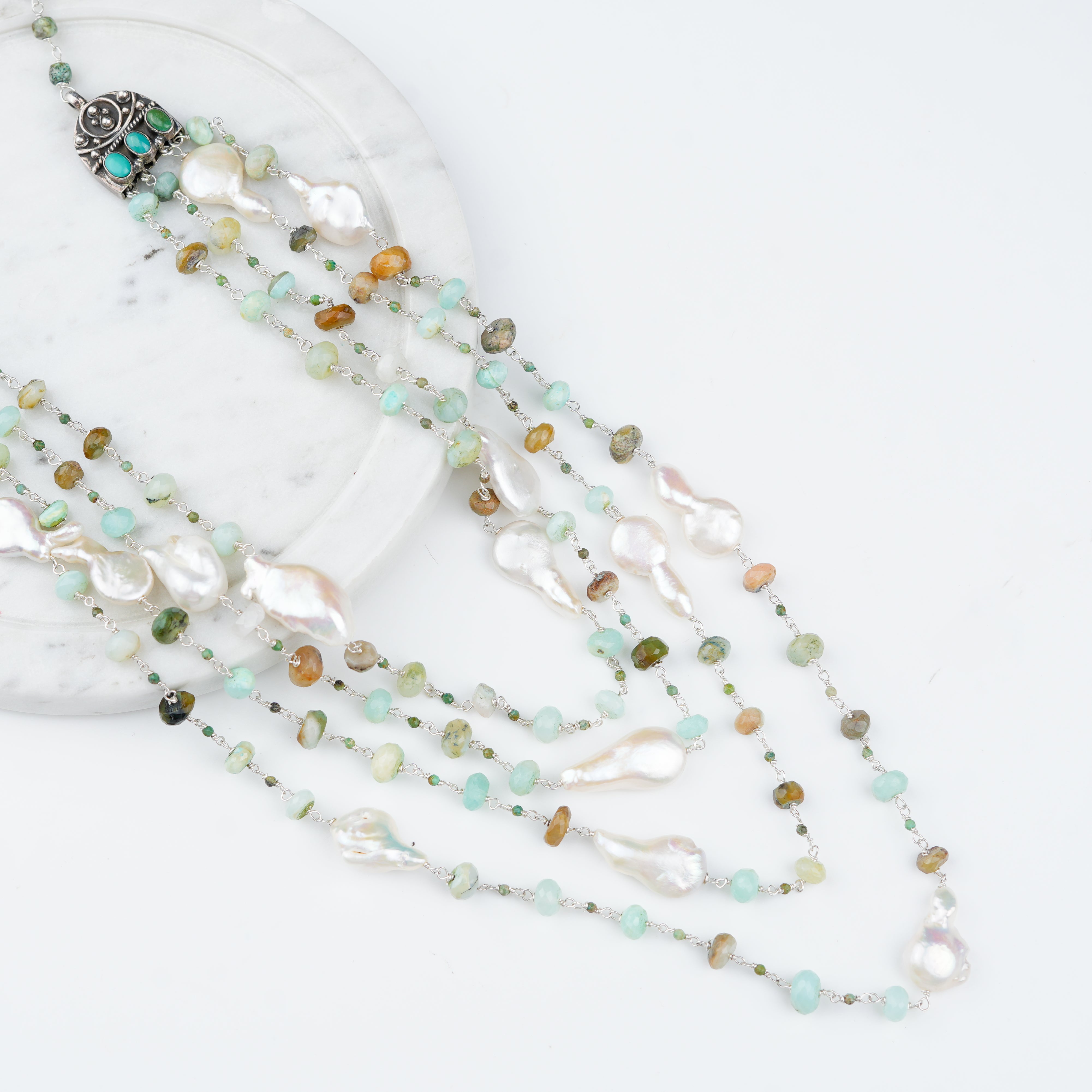 Luxe Necklace – Baroque Pearls, Blue Opal & Firoza