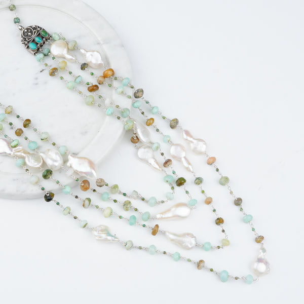 Premium 92.5 sterling silver Luxe gemstone and pearl necklace