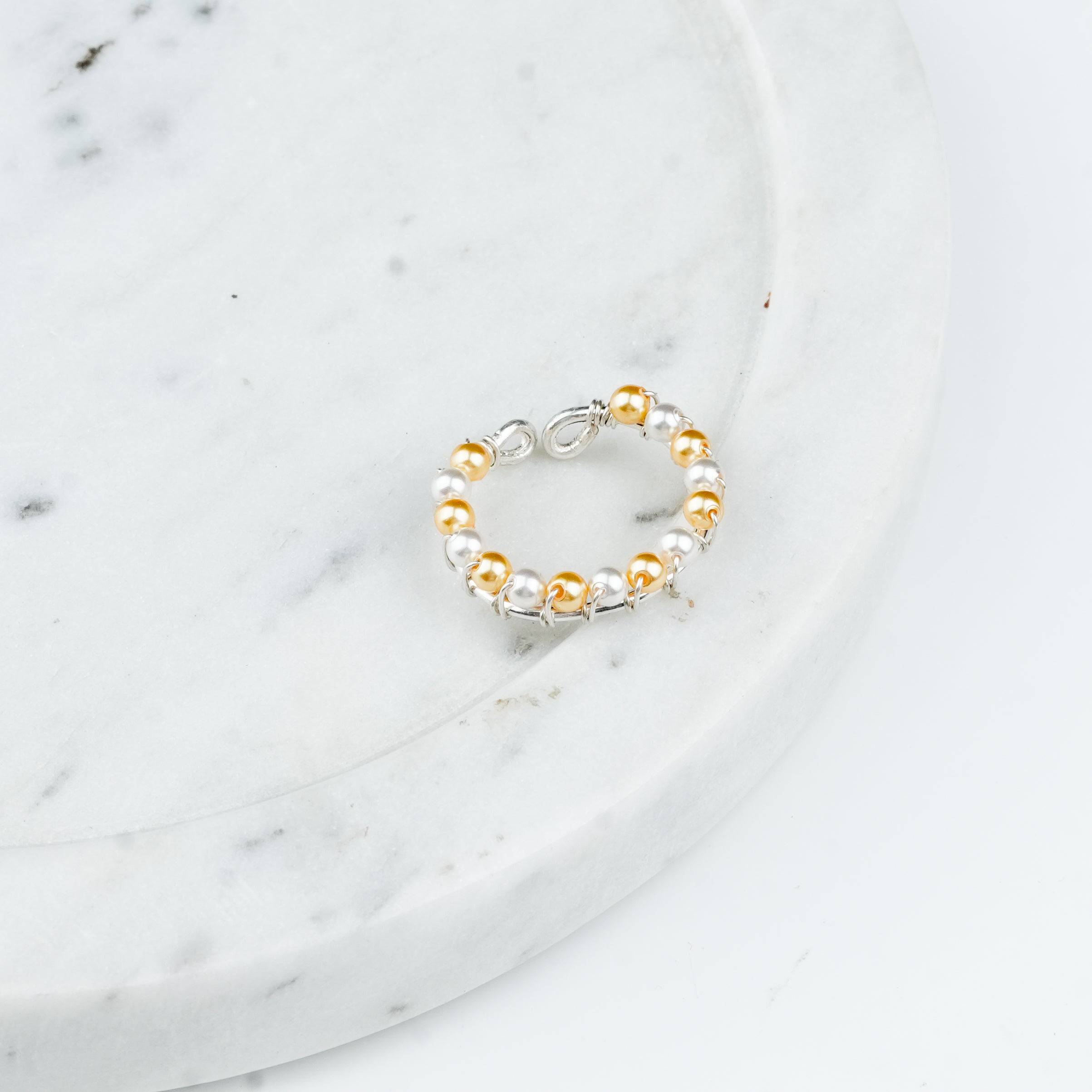 Project Handmade golden and white pearl silver ring