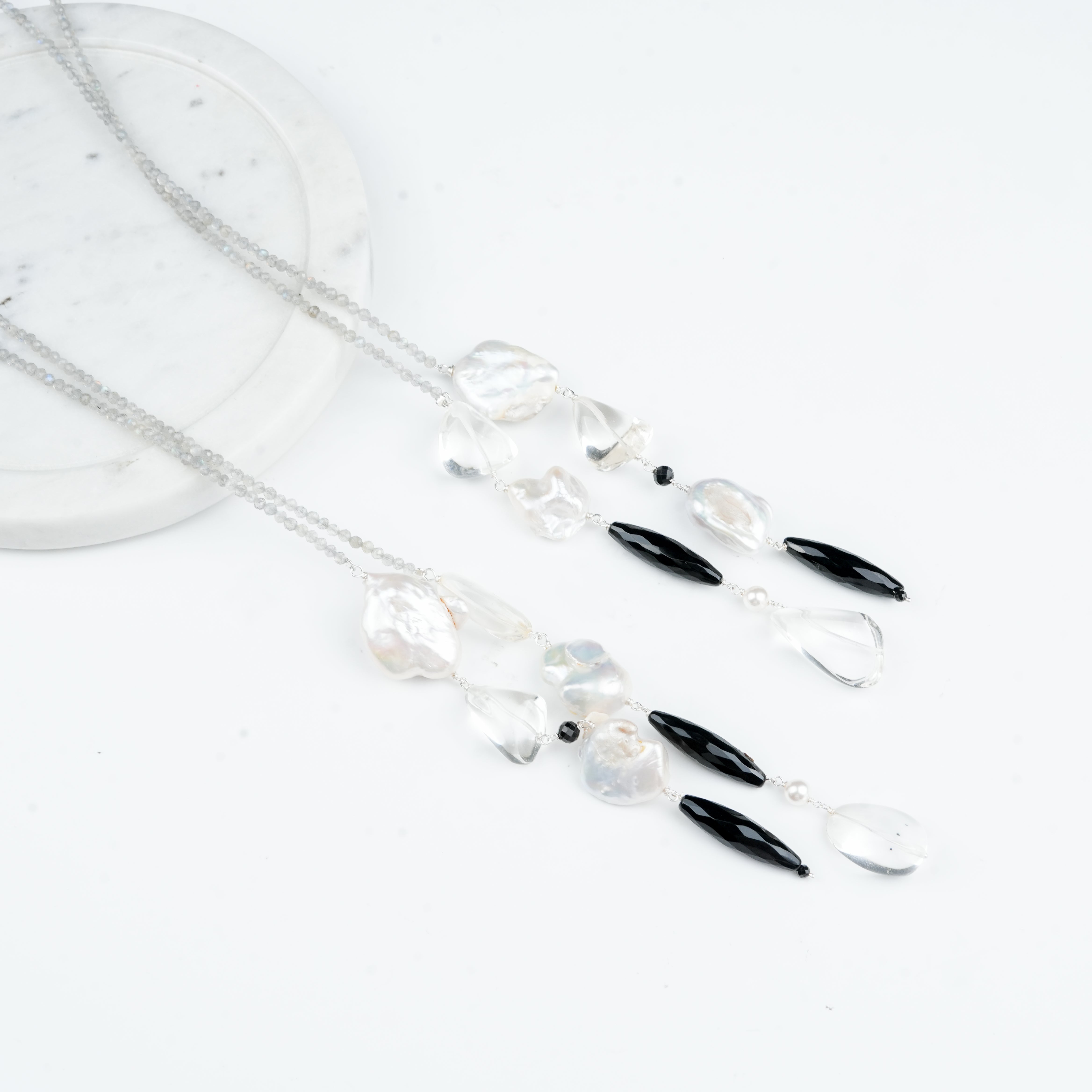 Tie & Wear Necklace with Labradorite, Black Spinel, Crystal & Baroque Pearls