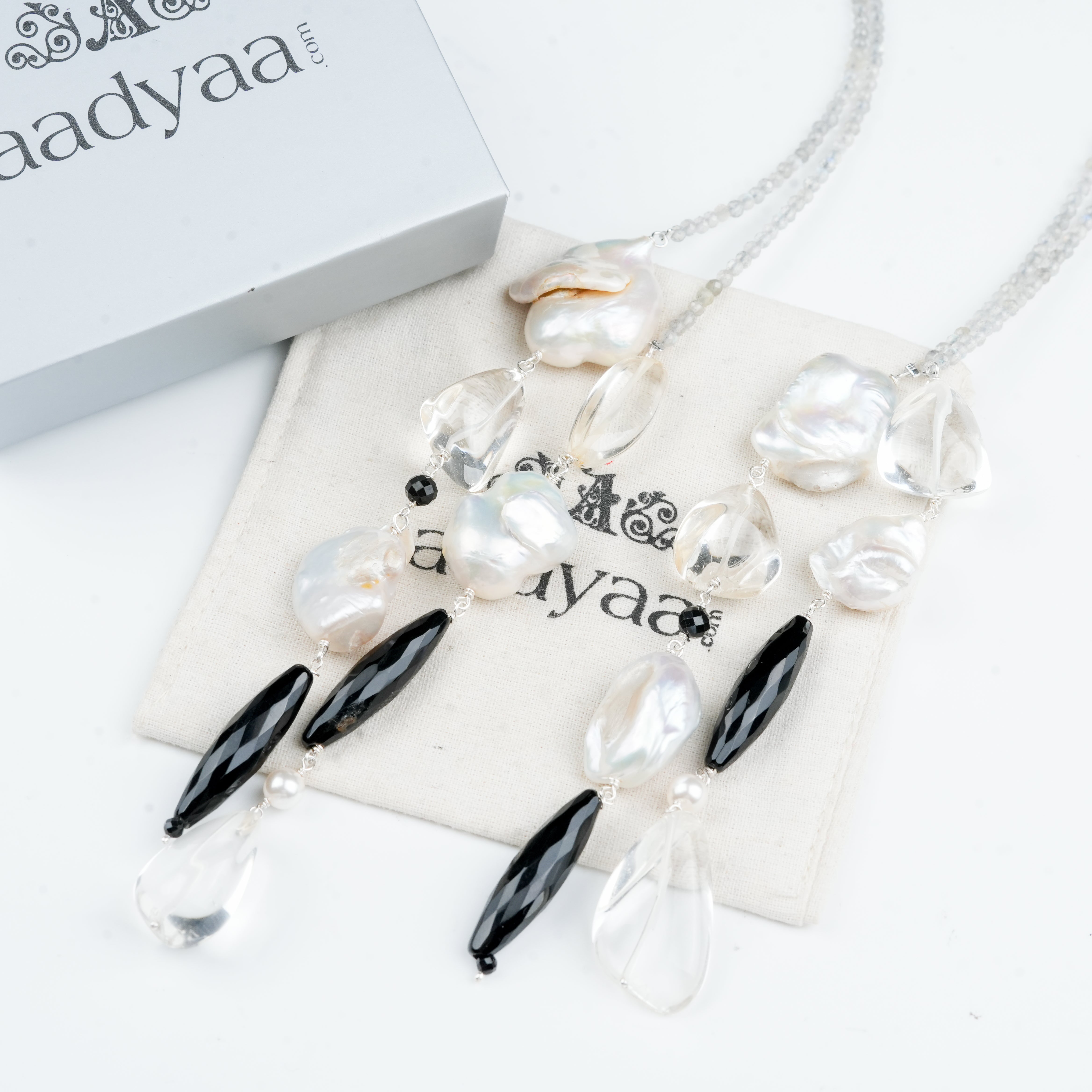 Tie & Wear Necklace with Labradorite, Black Spinel, Crystal & Baroque Pearls
