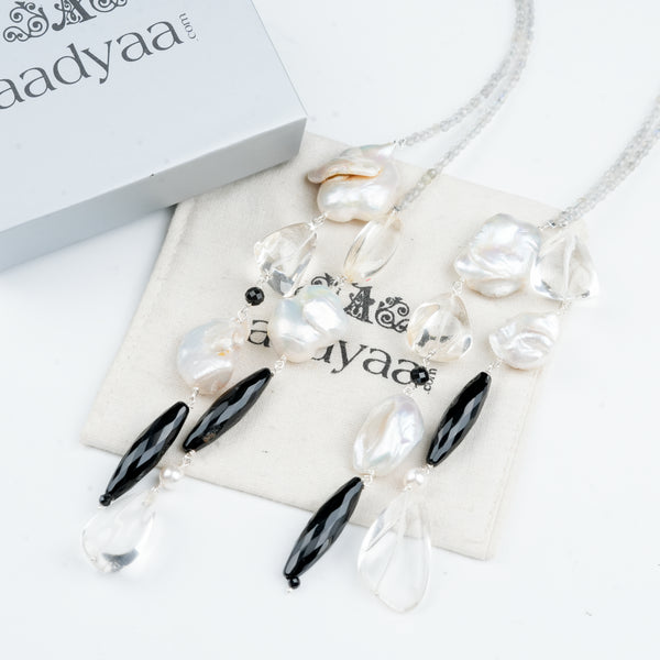 Labradorite, black spinel, crystal and baroque pearl statement necklace