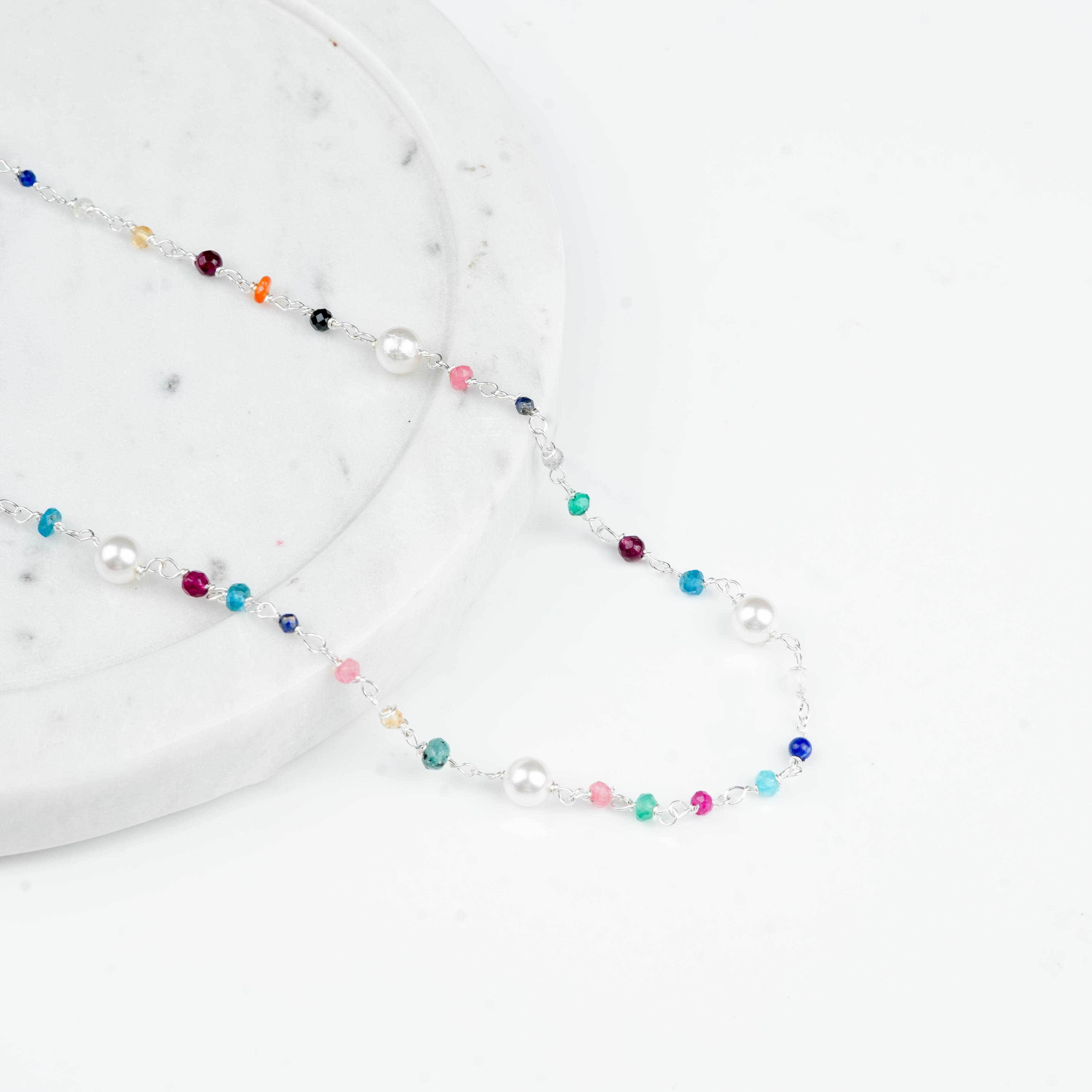 Close-up of Multicolour Small Stone Ganthan Necklace with Pearls