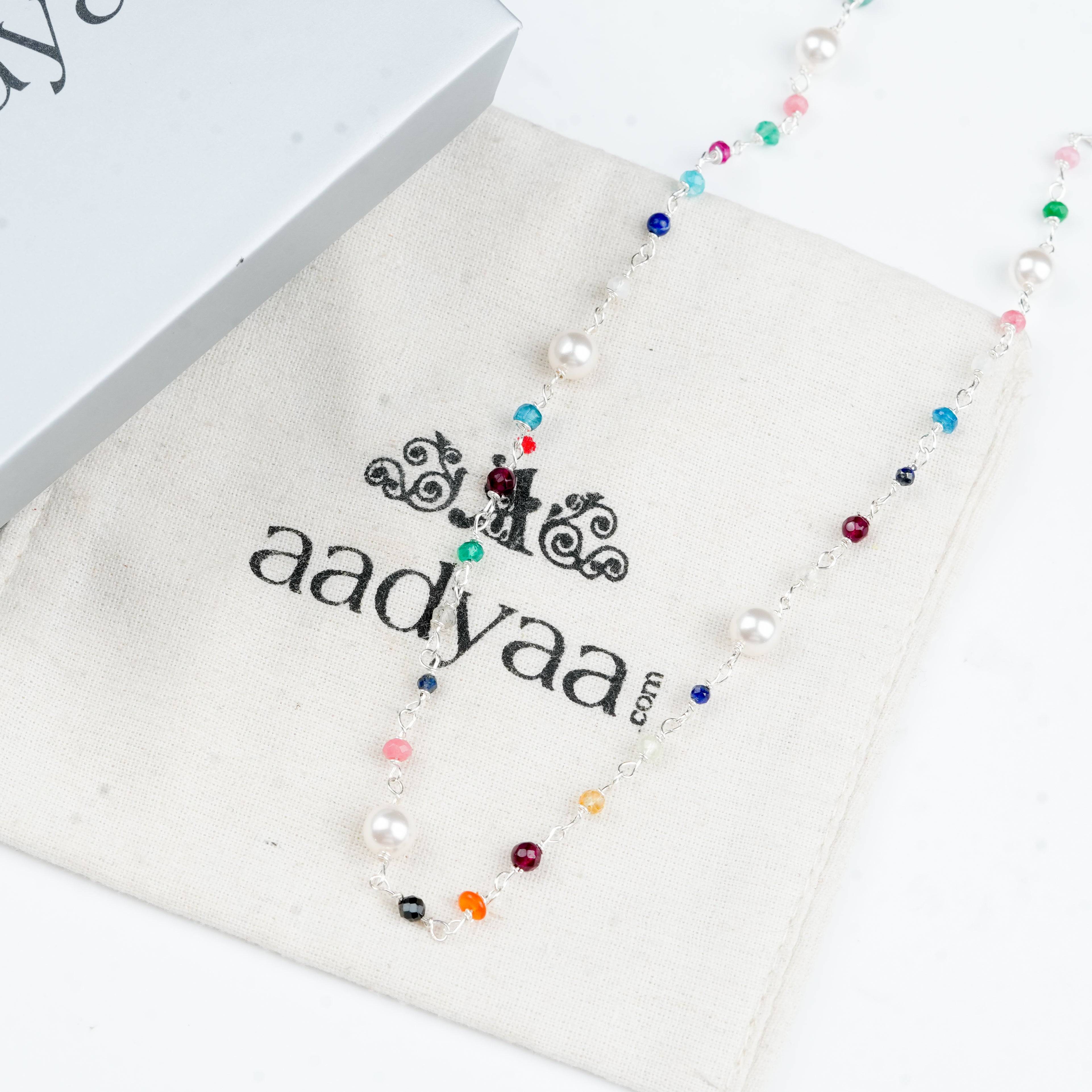 Sterling silver Ganthan necklace with colourful gemstones and pearls