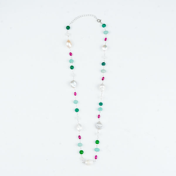 Multicolour gemstone and baroque pearl statement necklace for women