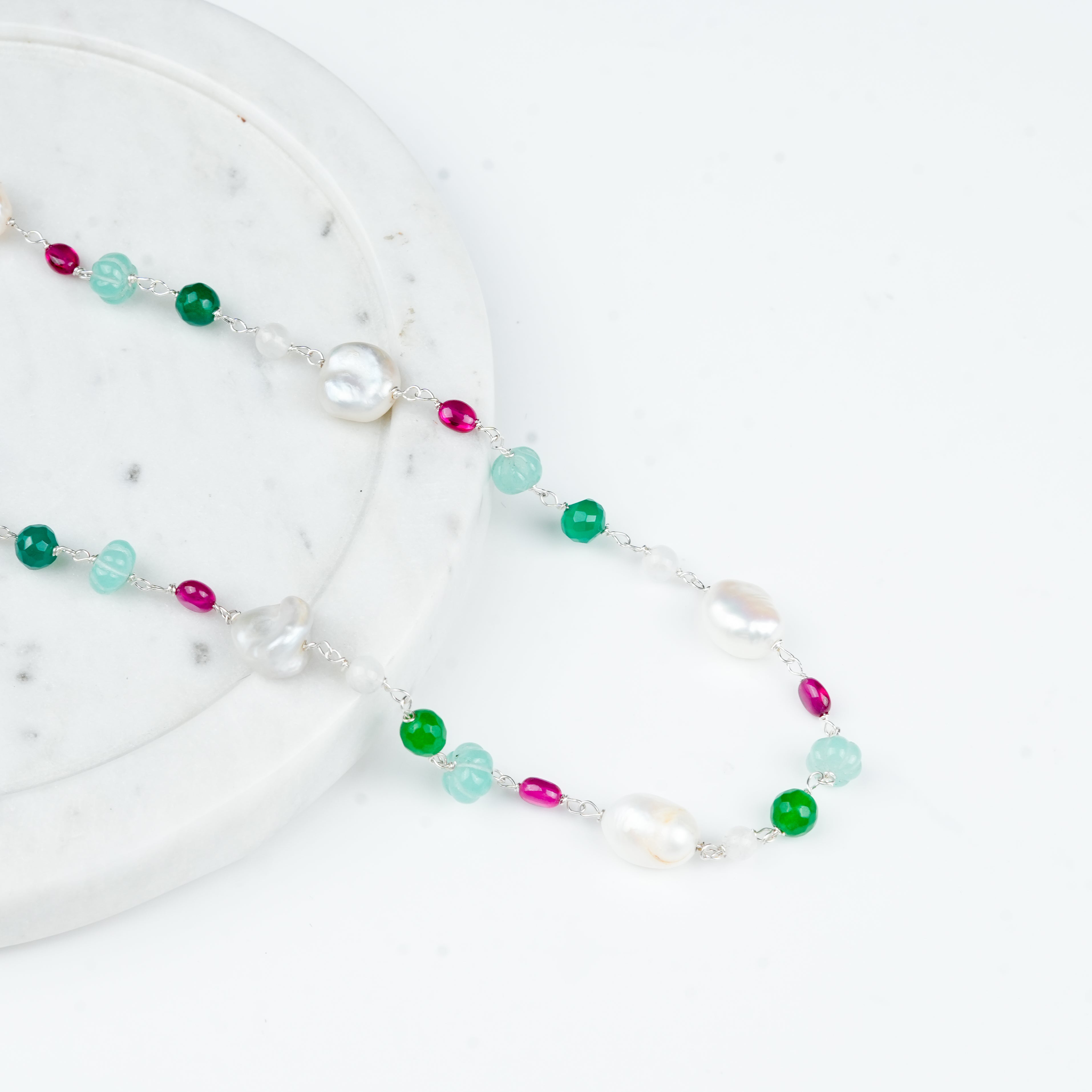 Multicolour Stone Ganthan Necklace with Baroque Pearls – 20 Inches (Project Handmade)