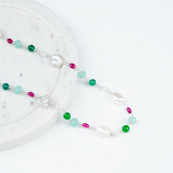 Close-up of Multicolour Stone Ganthan Necklace with Baroque Pearls