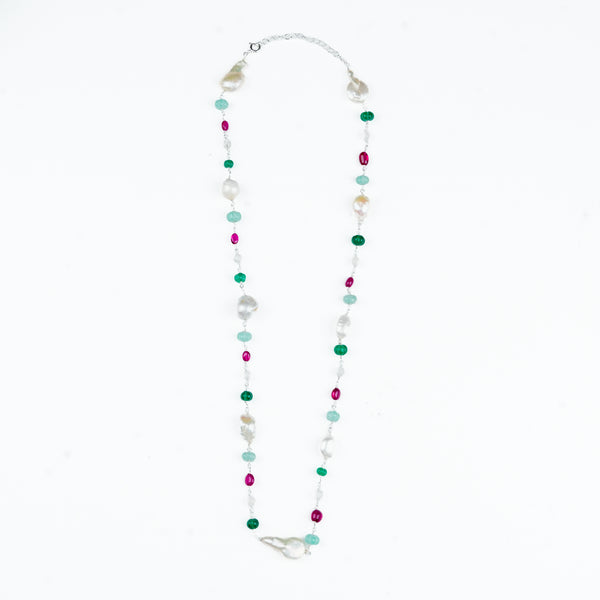 Multicolour gemstone and baroque pearl statement necklace for women