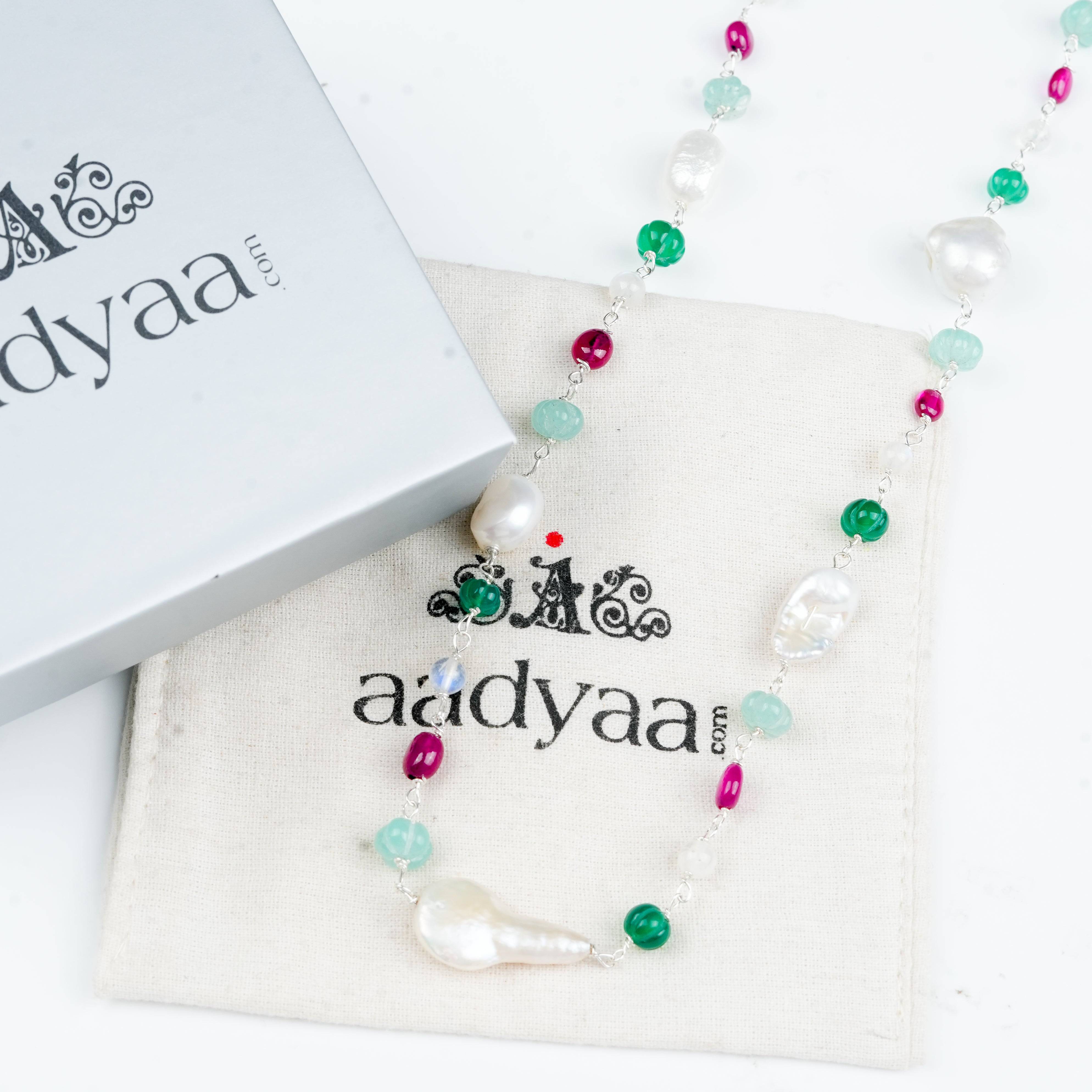 Sterling silver Ganthan necklace with colourful stones and baroque pearls