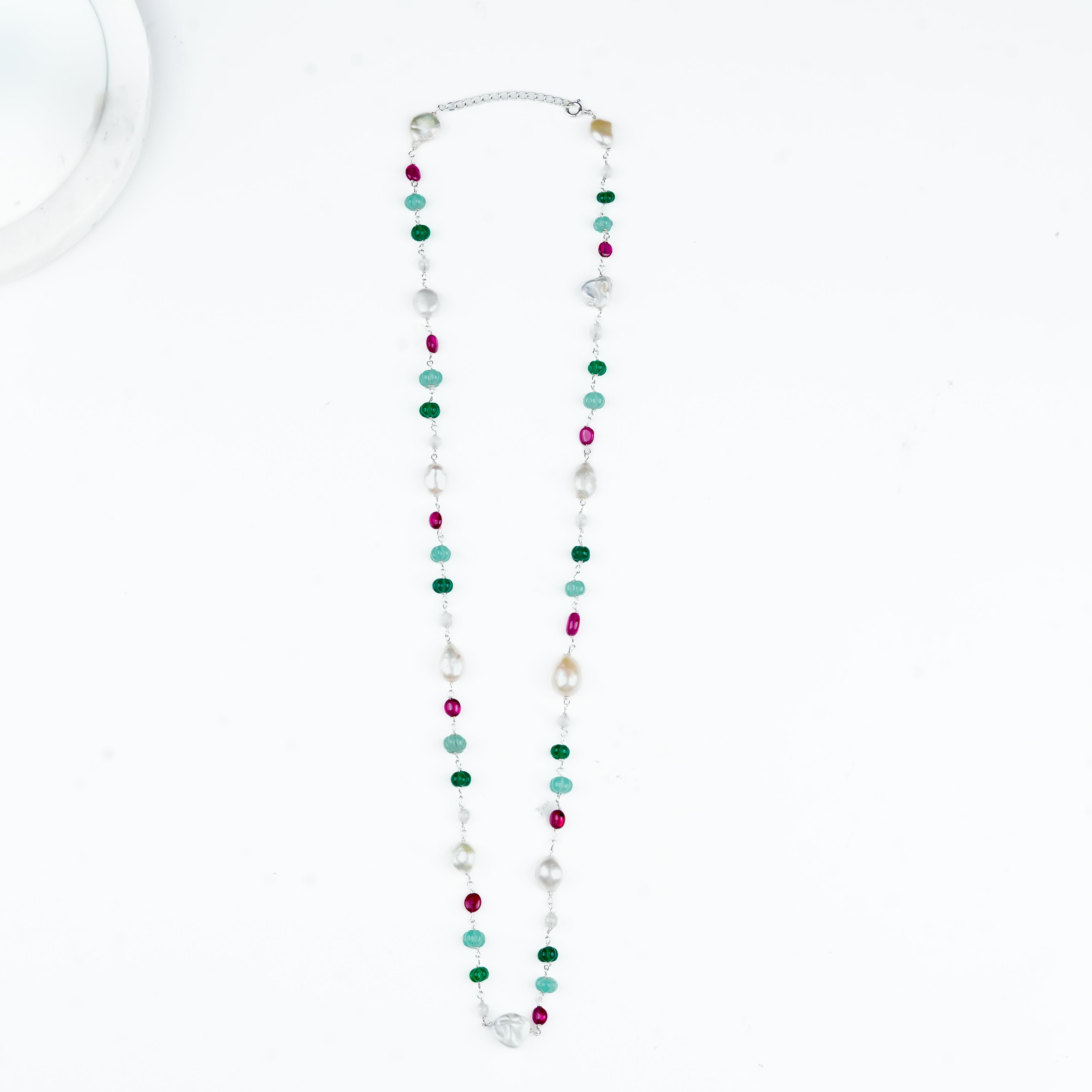 Multicolour Stone Ganthan Necklace with Baroque Pearls – 26 Inches (Project Handmade)