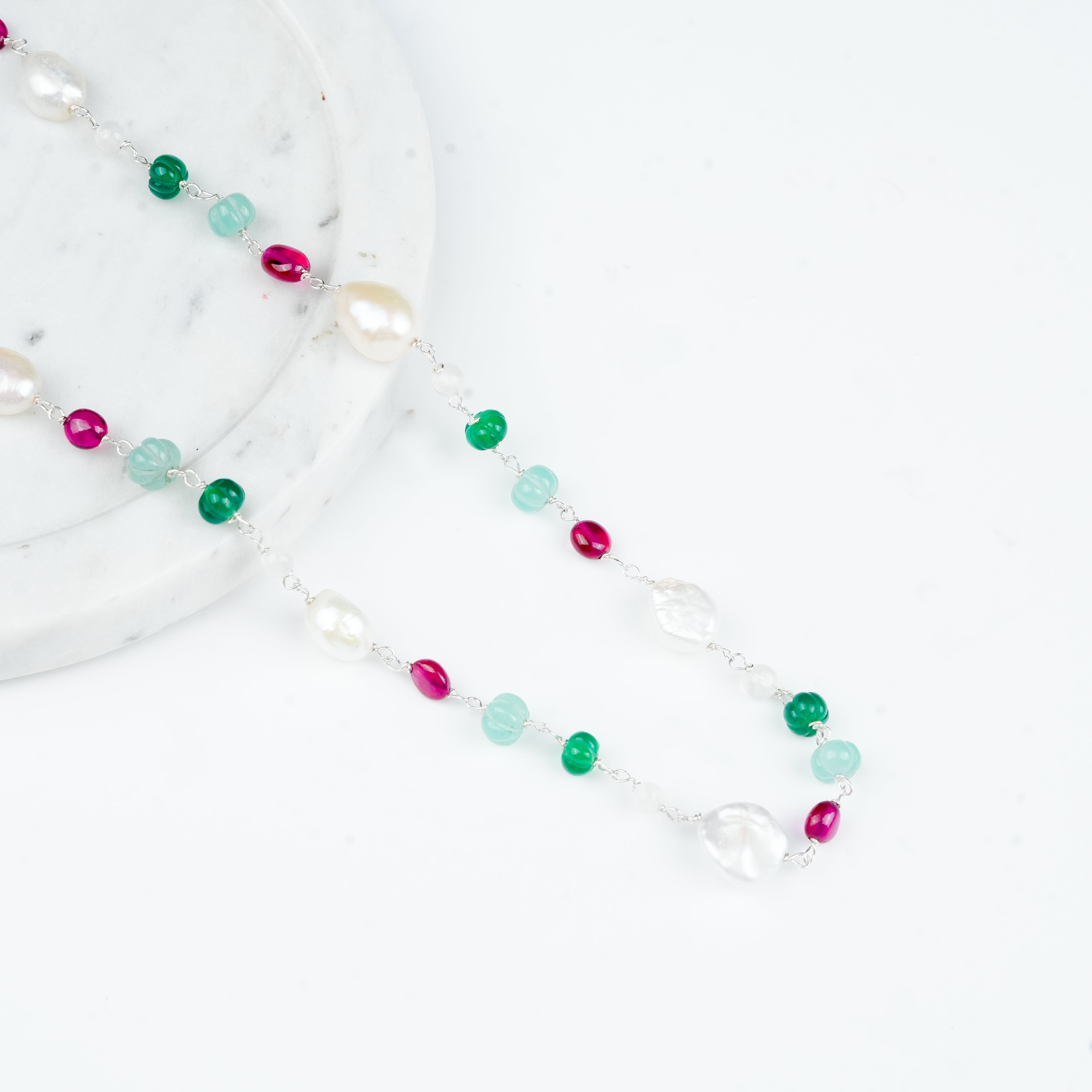 Multicolour Stone Ganthan Necklace with Baroque Pearls – 26 Inches (Project Handmade)