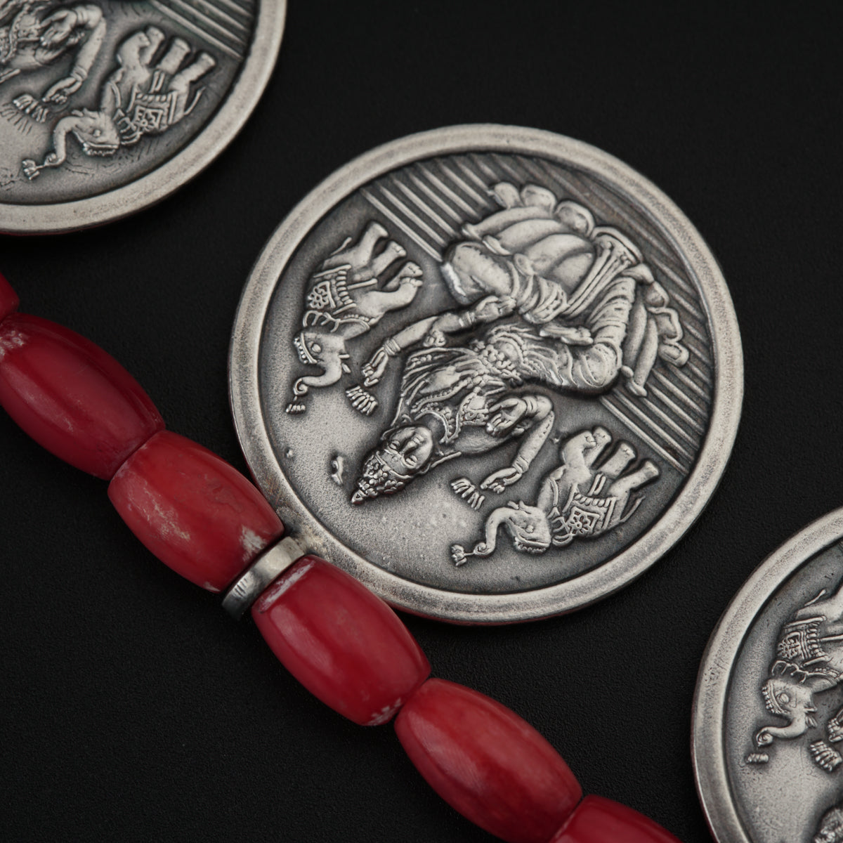 Coral Putali Coin Haar Set: Long ( Coin necklace ) - Oxidised silver