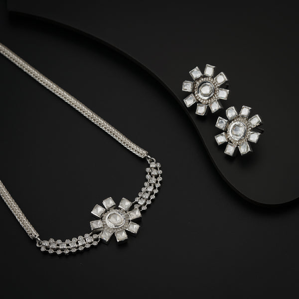 Silver necklace with floral moissanite pendant for jewelry sets