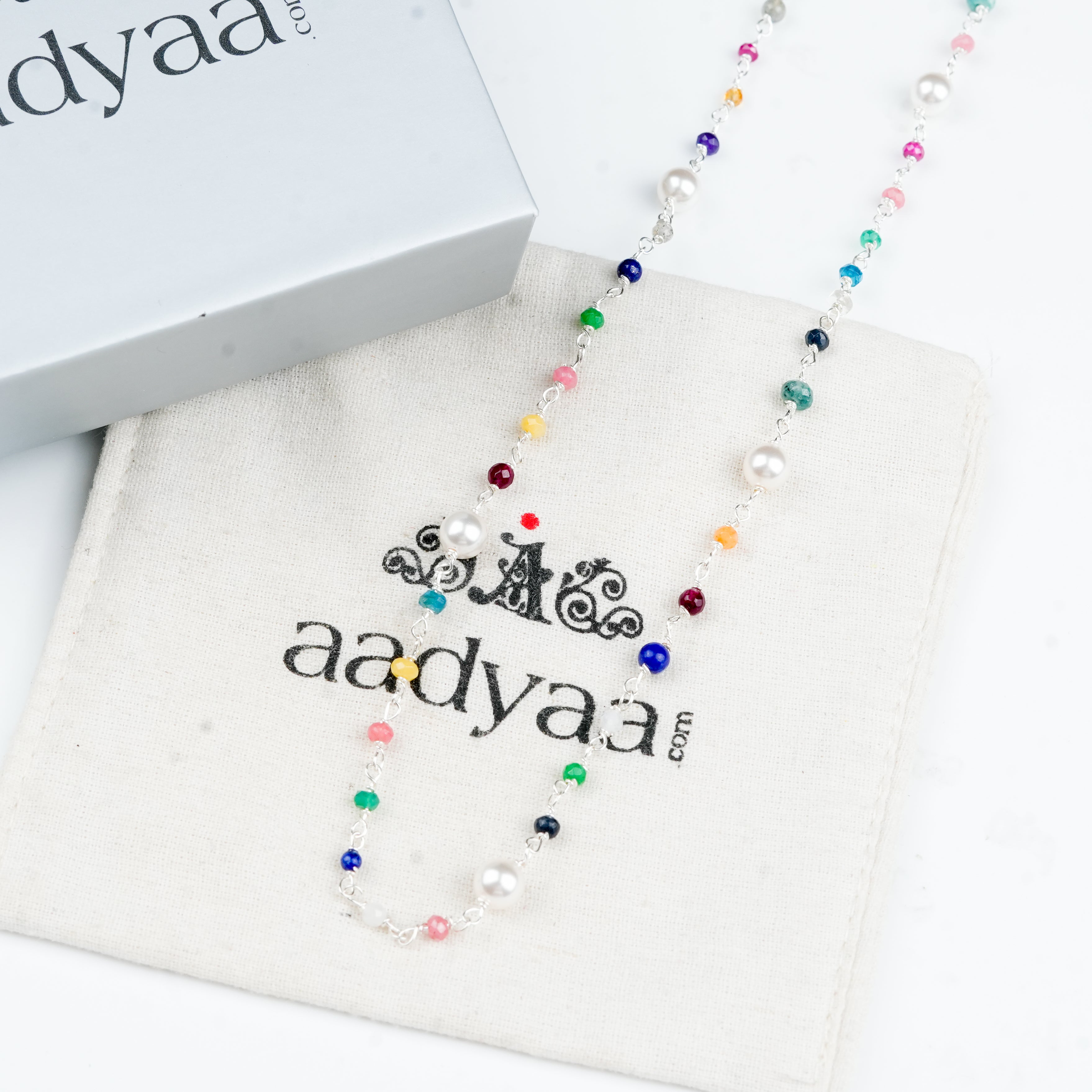Multicolour Small Stone Ganthan Necklace with Pearls – 26 Inches (Project Handmade)
