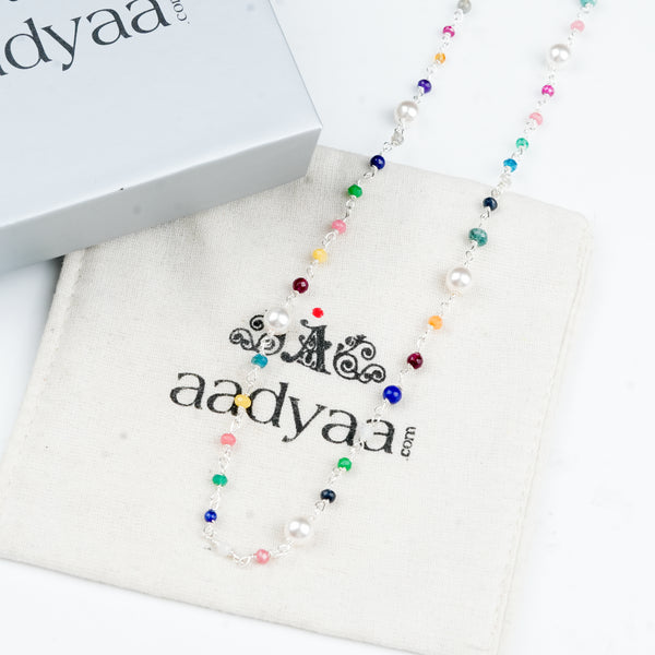 Sterling silver Ganthan necklace with colourful gemstones and pearls