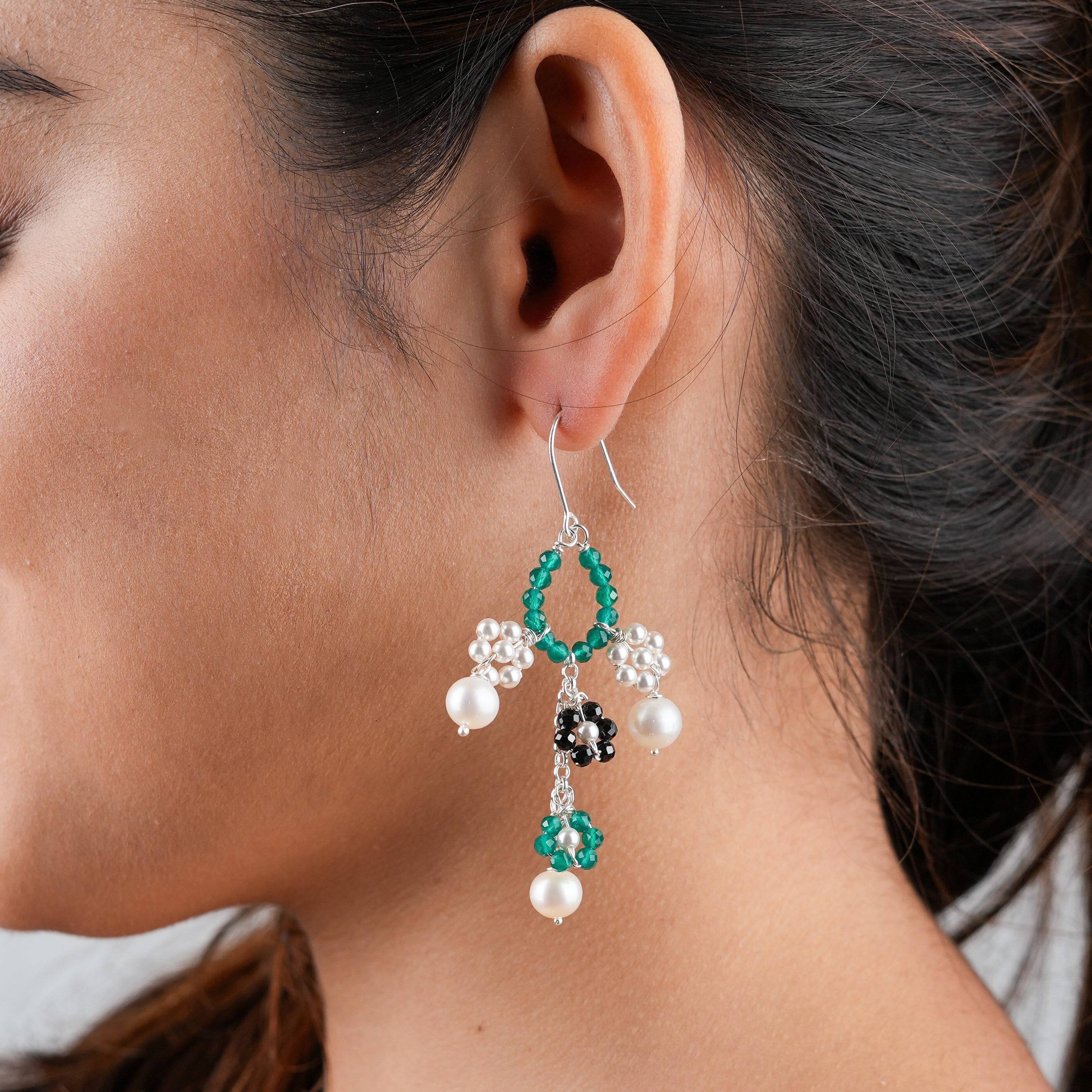 Handcrafted multicolour gemstone flower cluster silver earrings