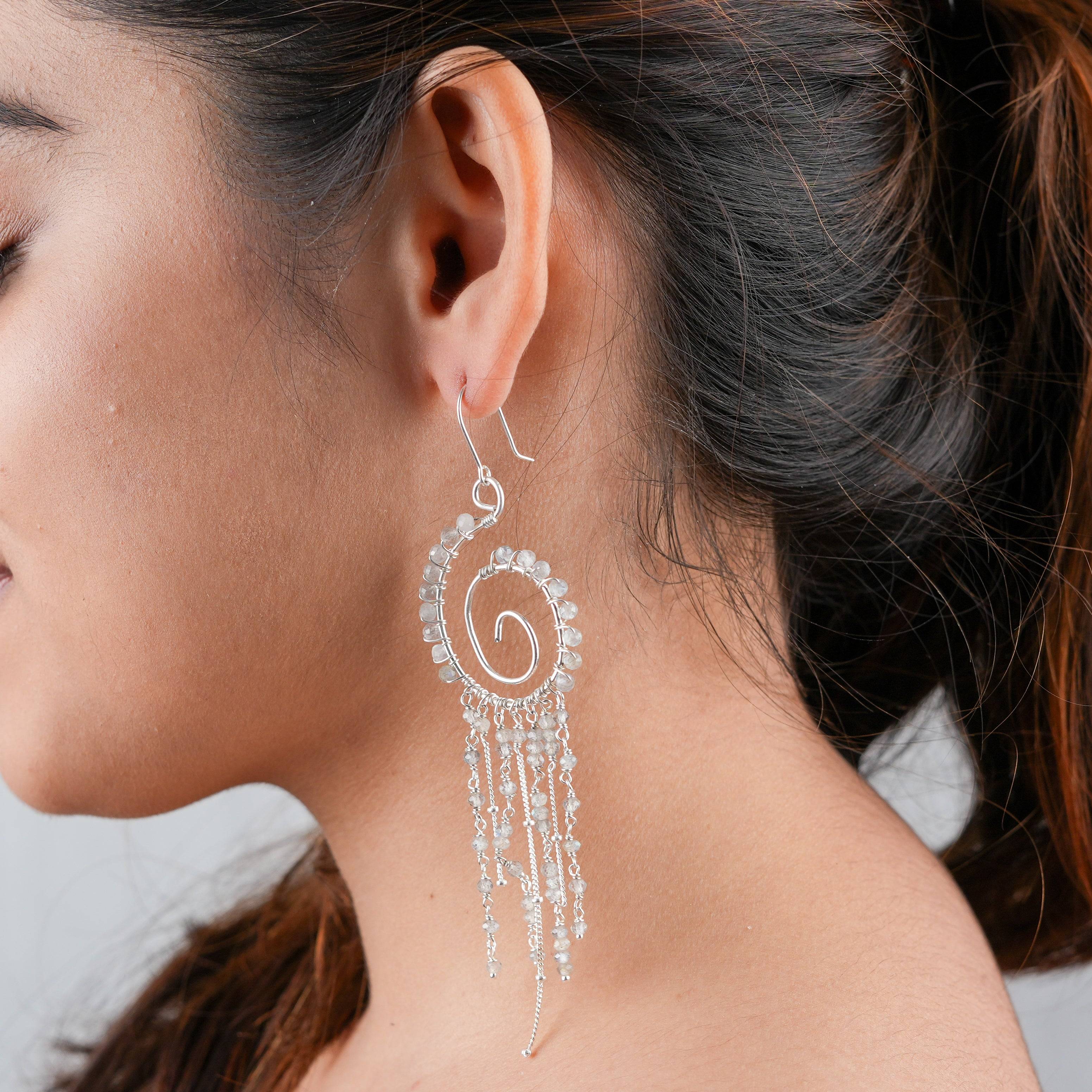 Handcrafted labradorite spiral silver earrings for women