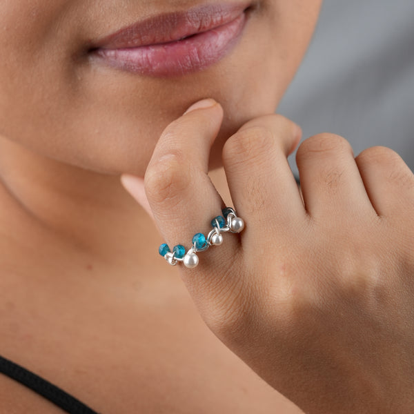 Handcrafted rhodolite and pearl silver ring for women