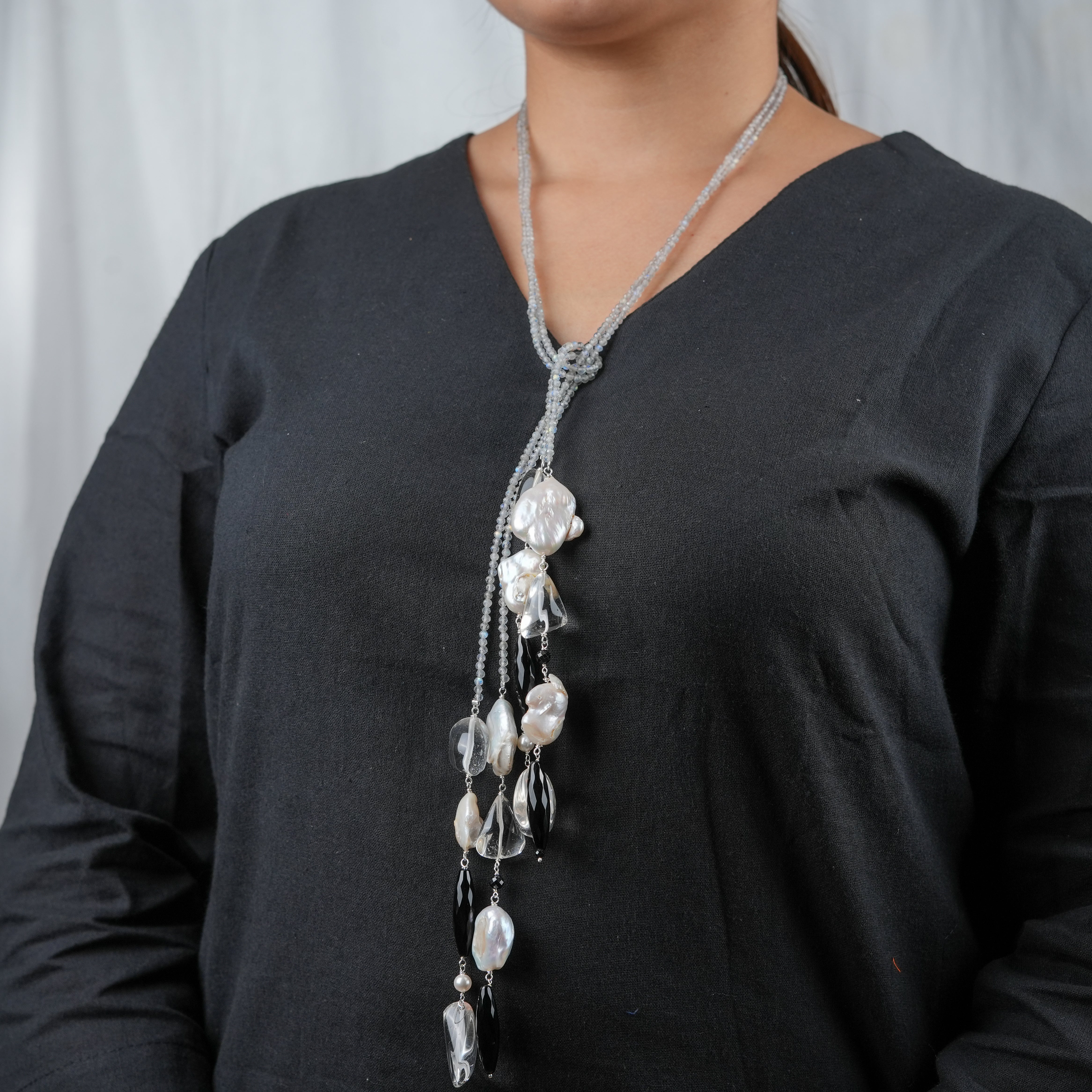 Tie & Wear Necklace with Labradorite, Black Spinel, Crystal & Baroque Pearls
