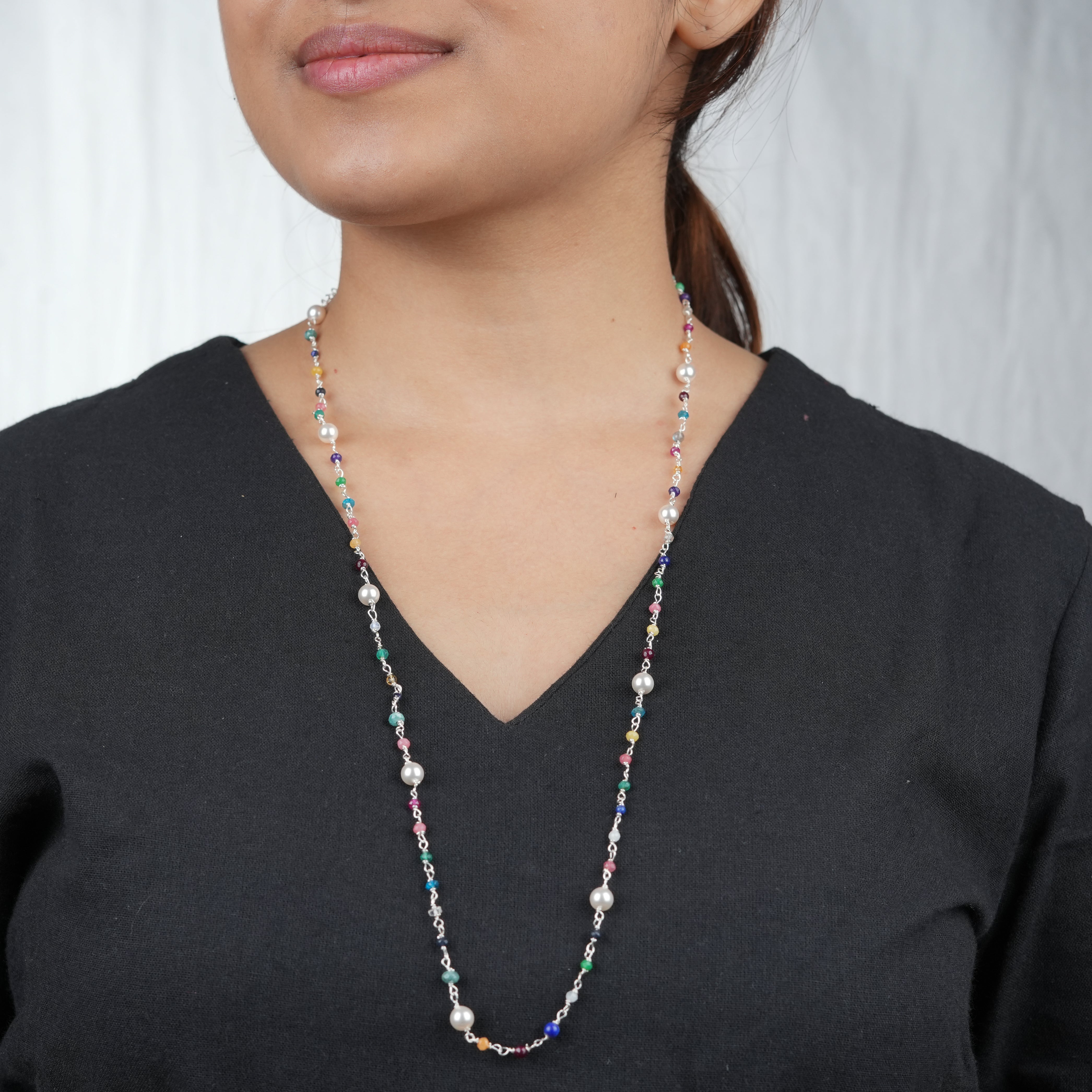 Multicolour Small Stone Ganthan Necklace with Pearls – 26 Inches (Project Handmade)