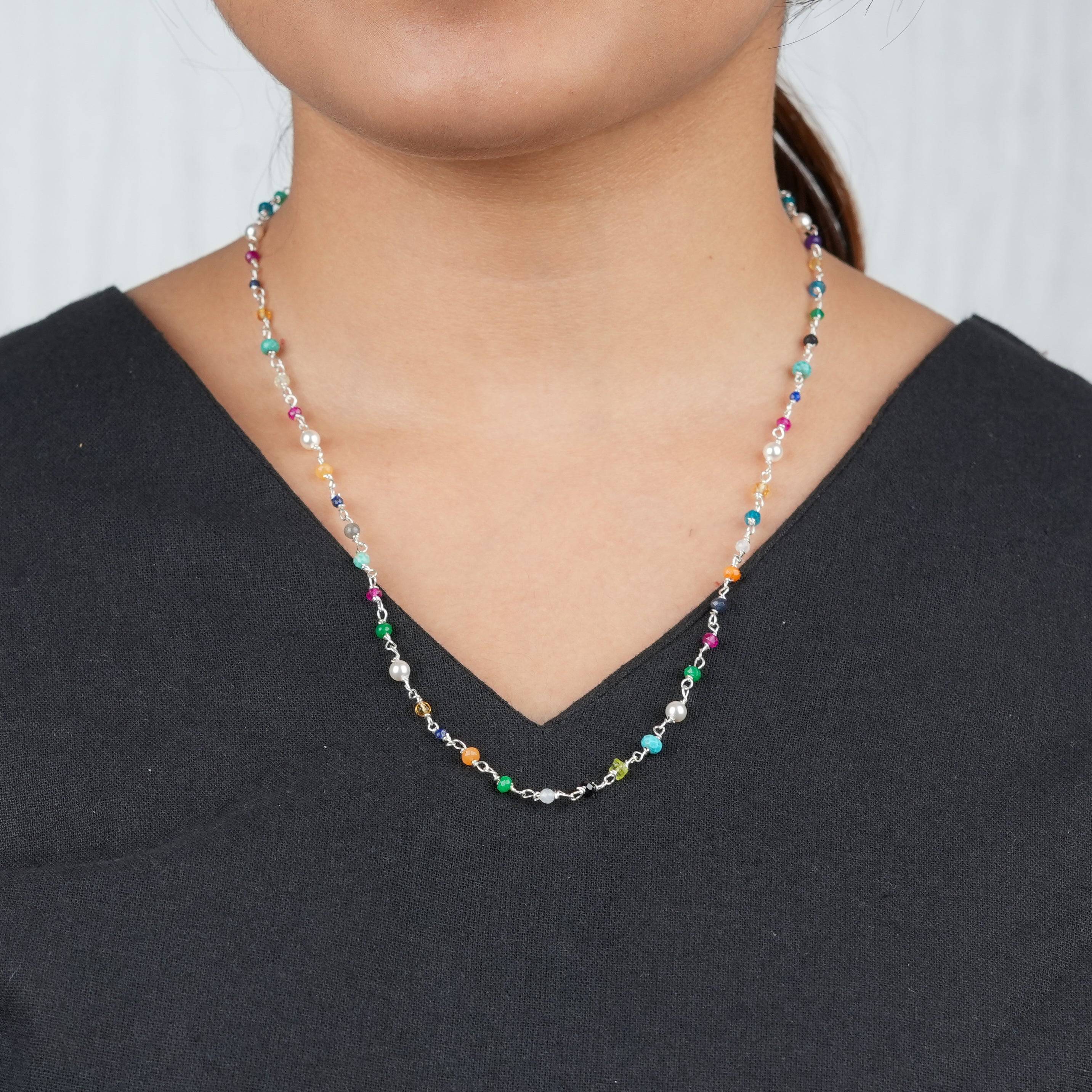 Handcrafted multicolour stone Ganthan necklace with pearls